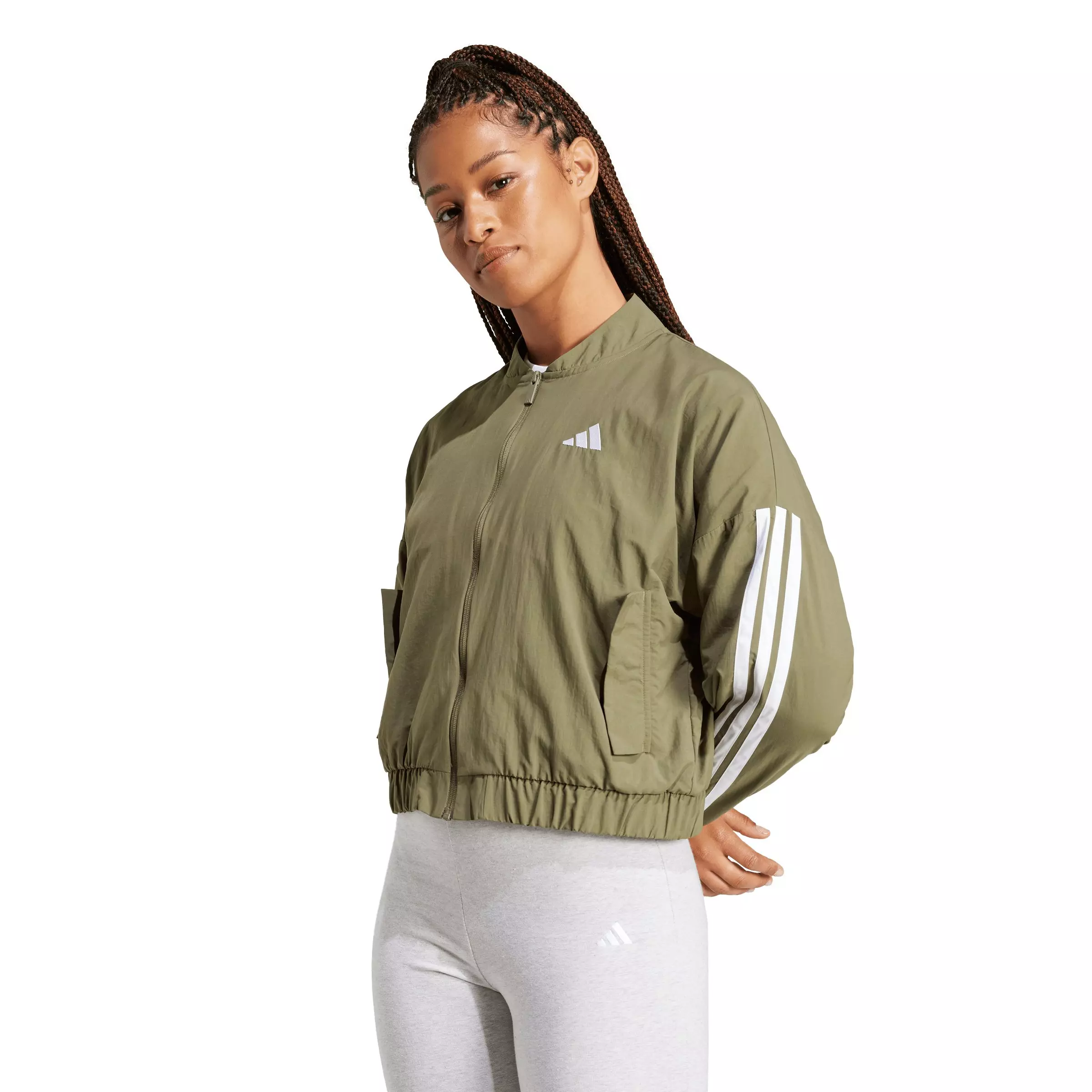 adidas Women's Essentials 3-Stripes Lifestyle Woven Bomber Jacket - Olive - OLIVE