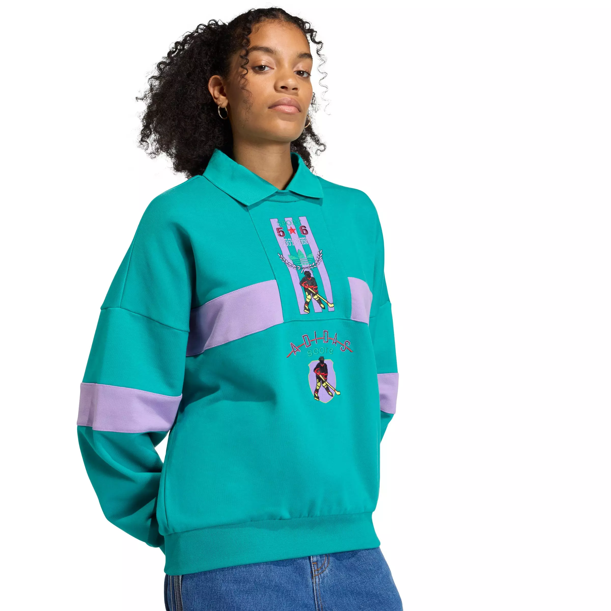 adidas Originals Women's For All Season Hockey Crew Sweatshirt -Teal/Violet - TEAL/VIOLET