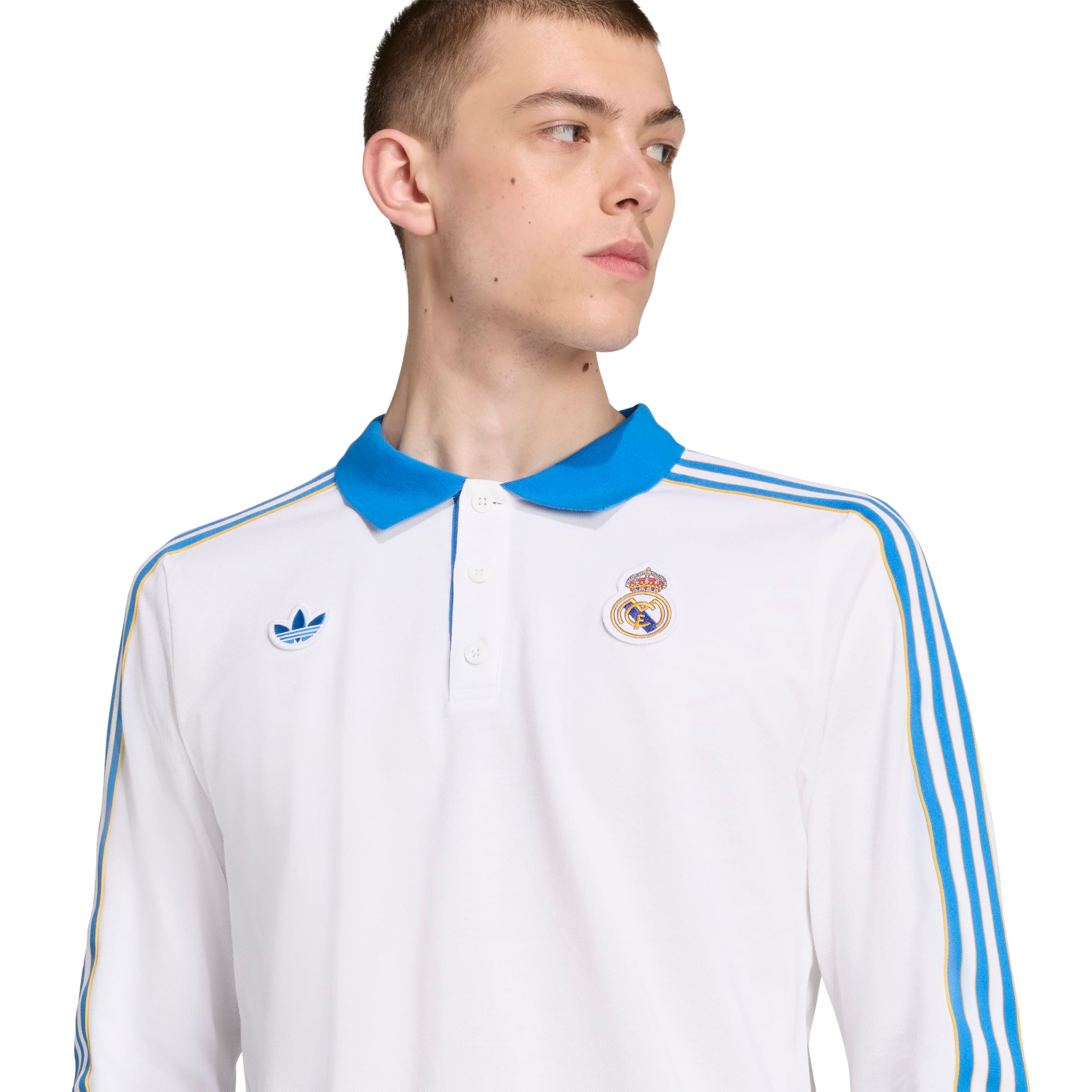 adidas Originals Men's Real Madrid Terrace Icons Long Sleeve Polo Shirt - White - WHITE Thumbnail View 3