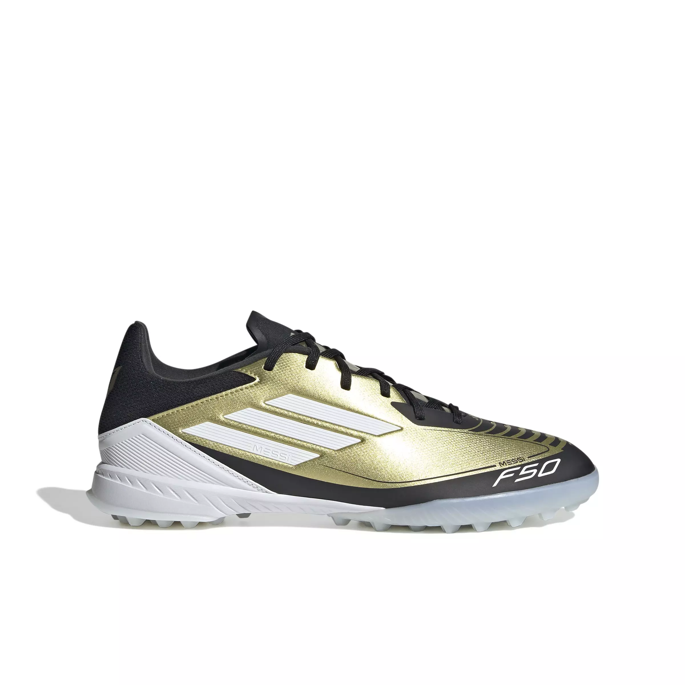 adidas Messi F50 League Turf "Gold Metallic/Ftwr White/Core Black" Grade School Kids' Soccer Shoe - GOLD/WHITE/BLACK