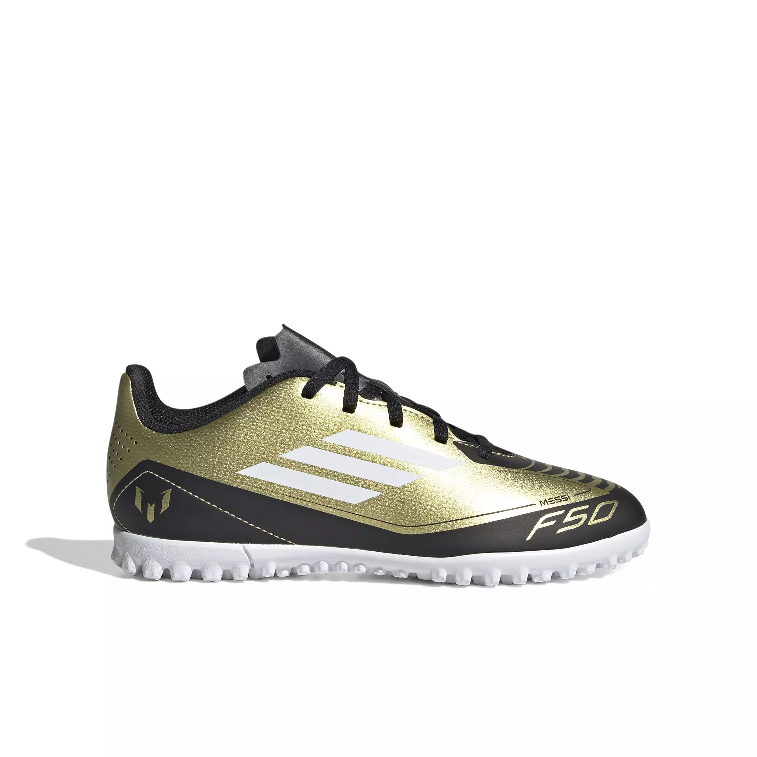 adidas Messi F50 Club Turf "Gold Metallic/Ftwr White/Core Black" Preschool Kids' Soccer Shoe - GOLD/WHITE/BLACK