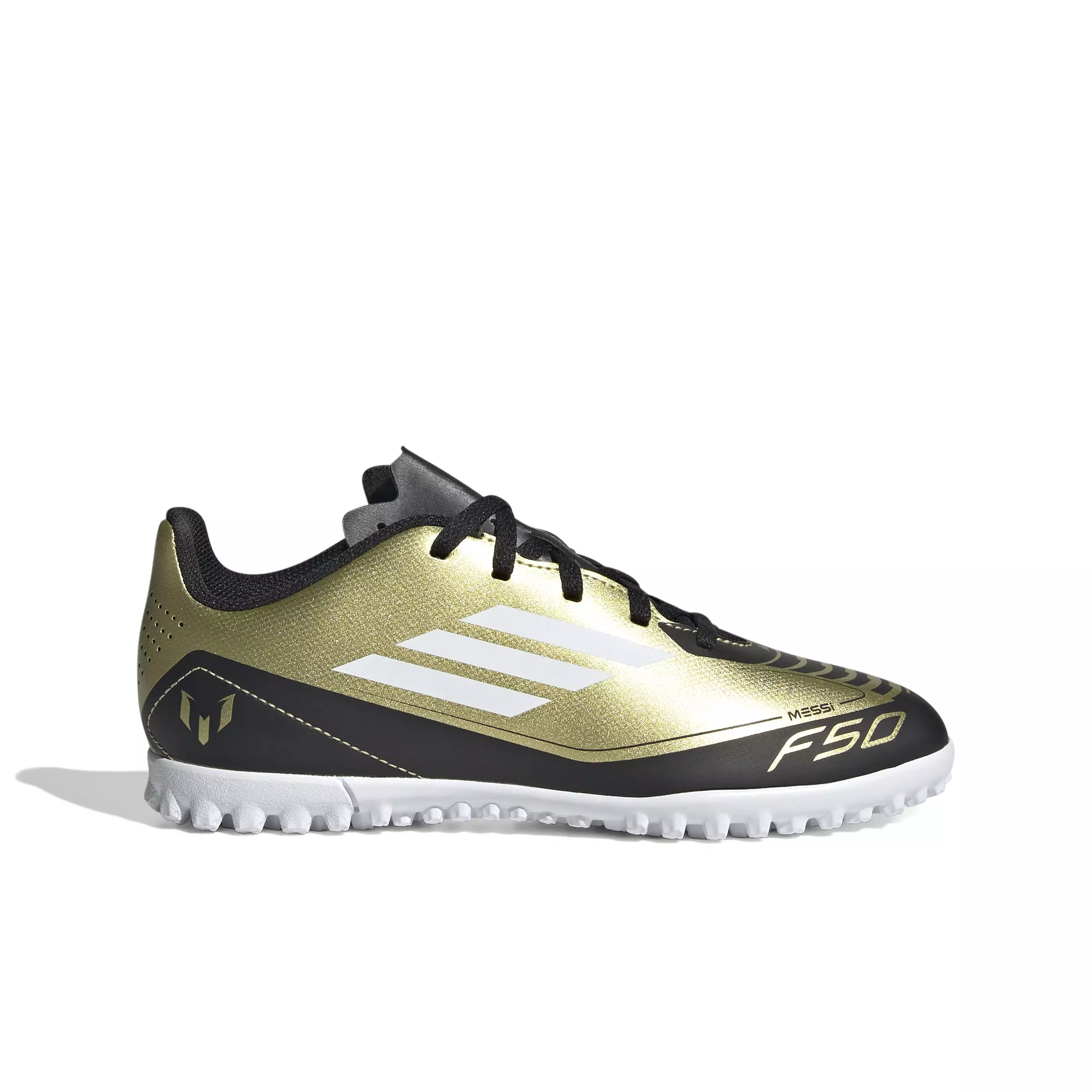 adidas Messi F50 Club Turf "Gold Metallic/Ftwr White/Core Black" Grade School Kids' Soccer Shoe - GOLD/WHITE/BLACK