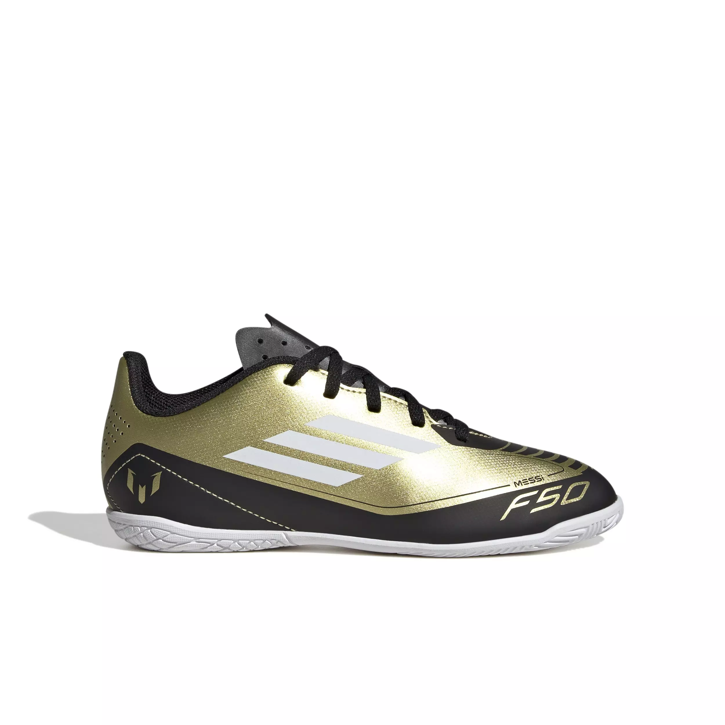 adidas Messi F50 Club Indoor "Gold Metallic/Ftwr White/Core Black" Preschool Kids' Soccer Shoe - GOLD/WHITE/BLACK