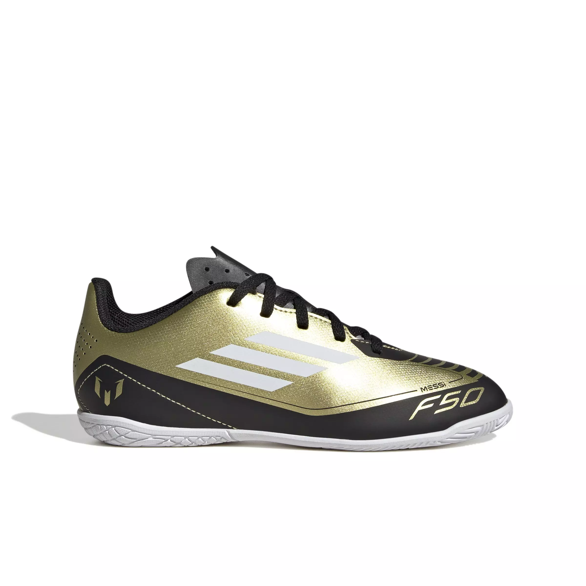 adidas Messi F50 Club Indoor "Gold Metallic/Ftwr White/Core Black" Grade School Kids' Soccer Shoe - GOLD/WHITE/BLACK