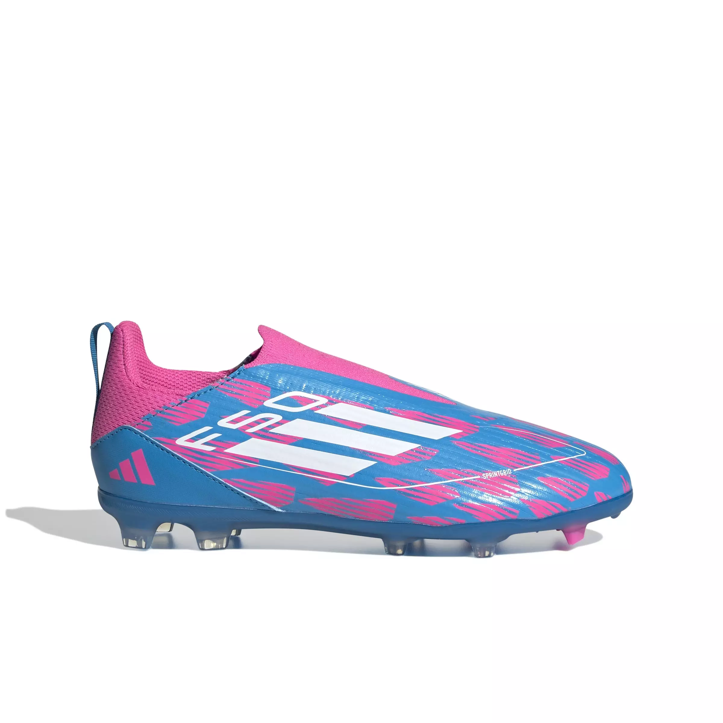 adidas F50 League Laceless Firm/Multi-Ground "Solar Blue/Ftwr White/Solar Pink" Grade School Kids' Soccer Cleat - BLUE/WHITE/PINK