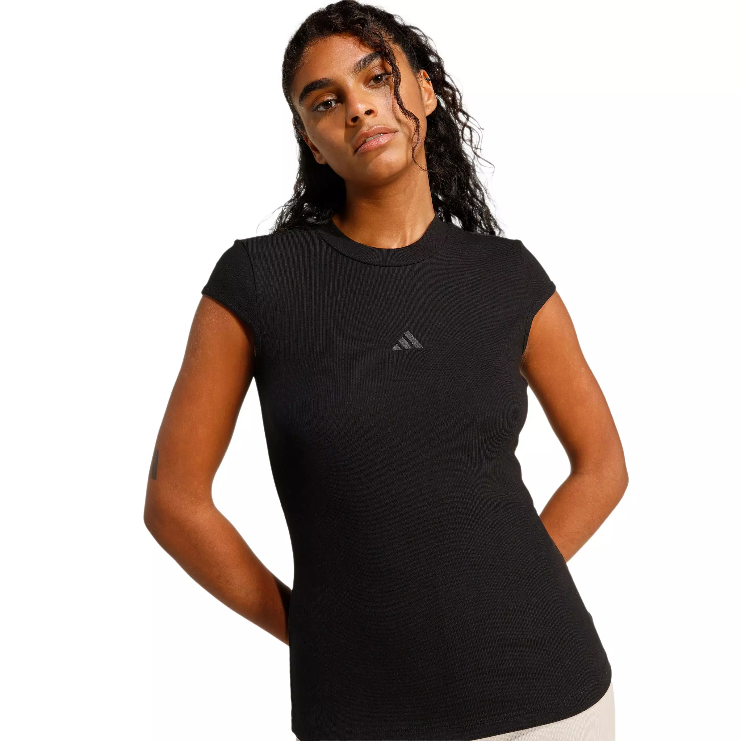 adidas Women's Seasonal Essentials Rib Cap-Sleeve T-Shirt - Black - BLACK