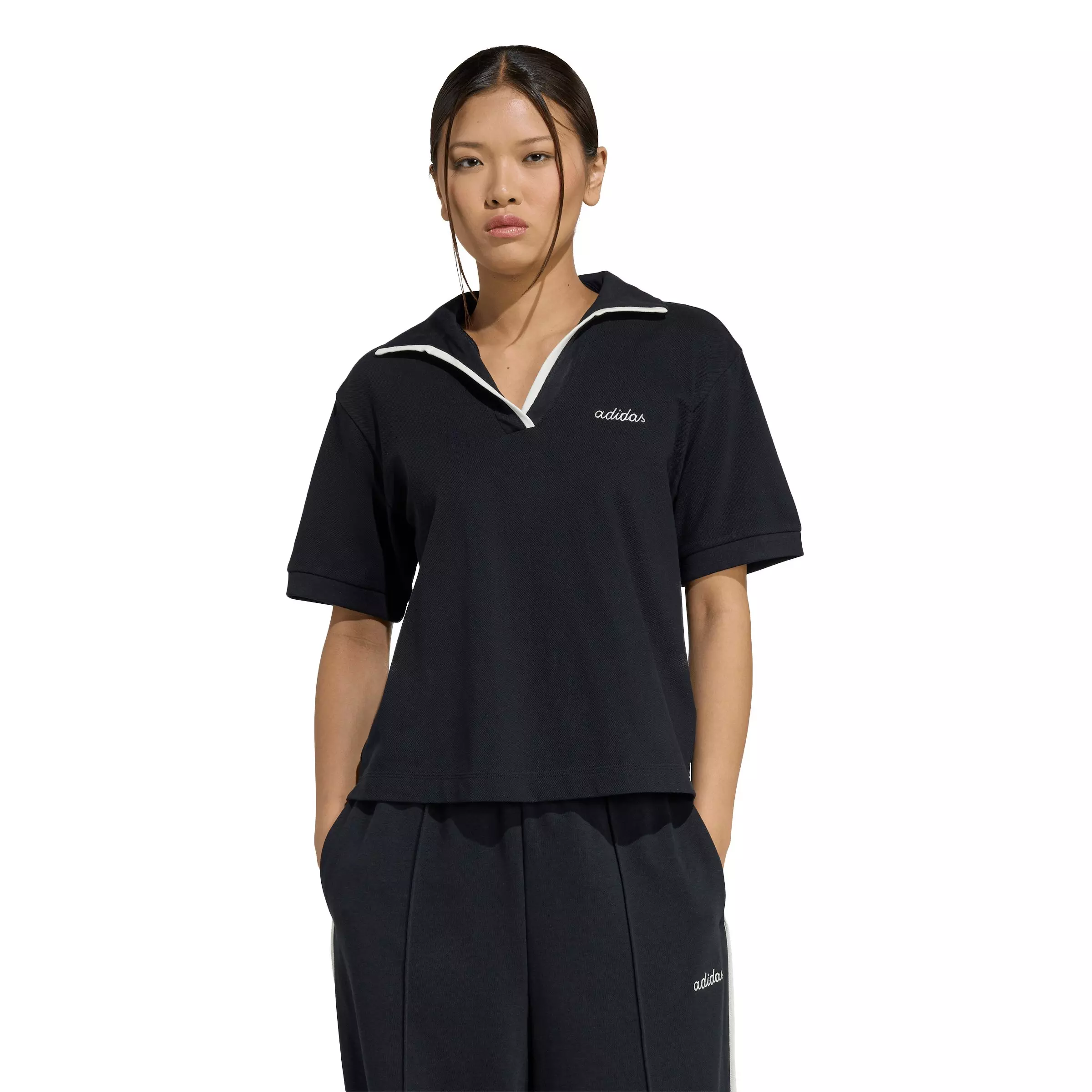 adidas Women's Seasonal Essentials Colorpop Polo with Embroidered Graphic - Black - BLACK