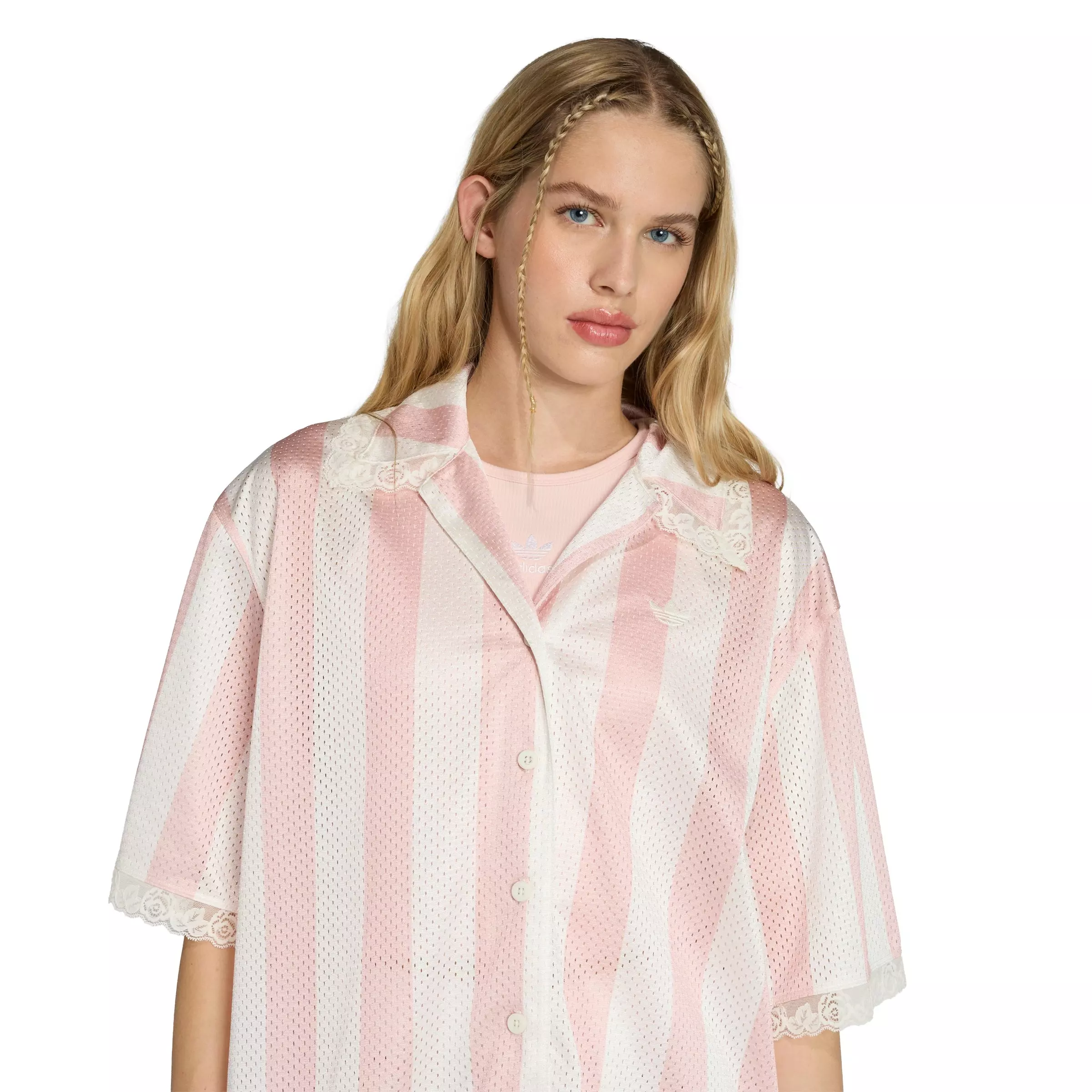 adidas Originals Women's Lace Jacquard Shirt -Off-White/Pink - OFF-WHITE/PINK