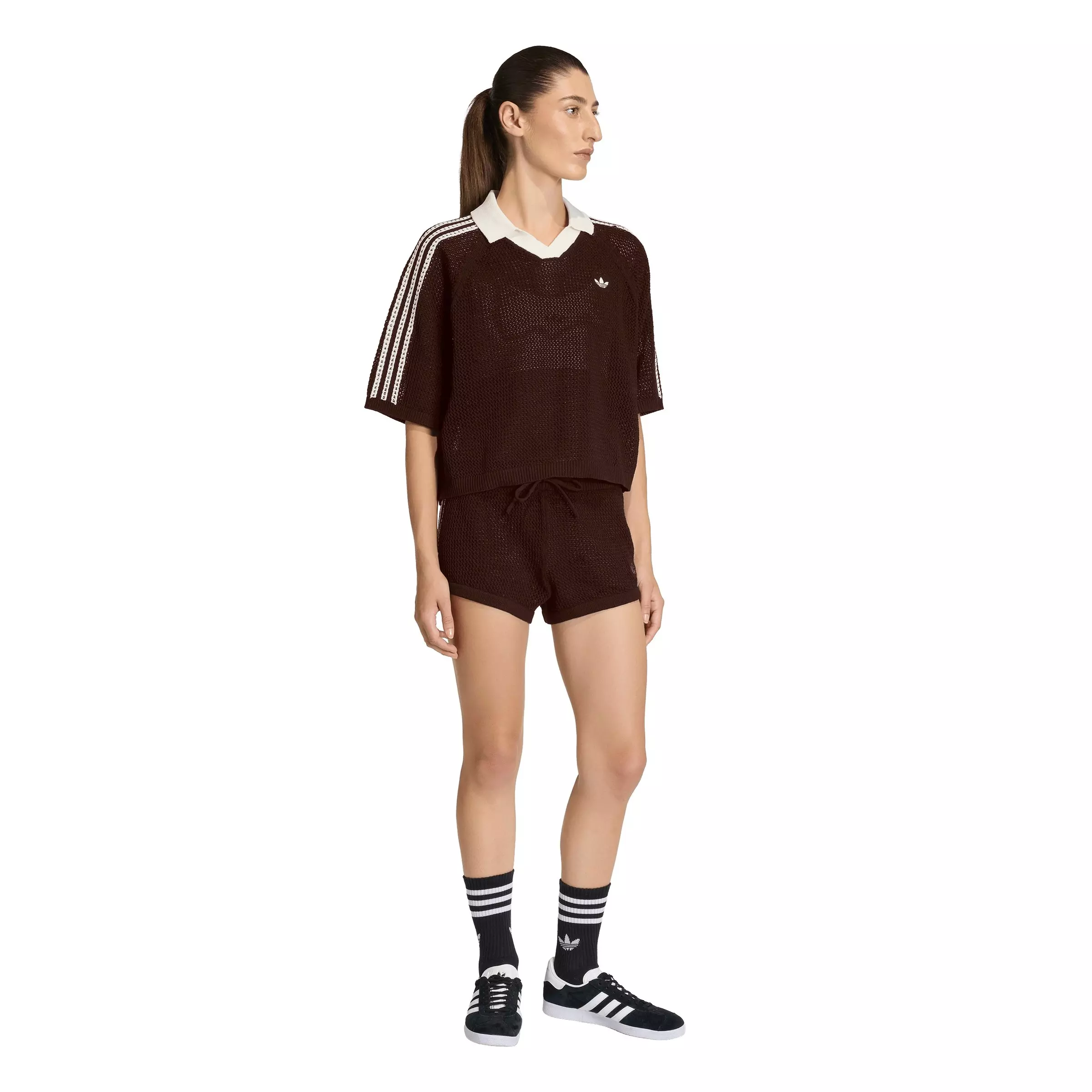 adidas Originals Women's Knitted Crochet Polo -Brown - BROWN