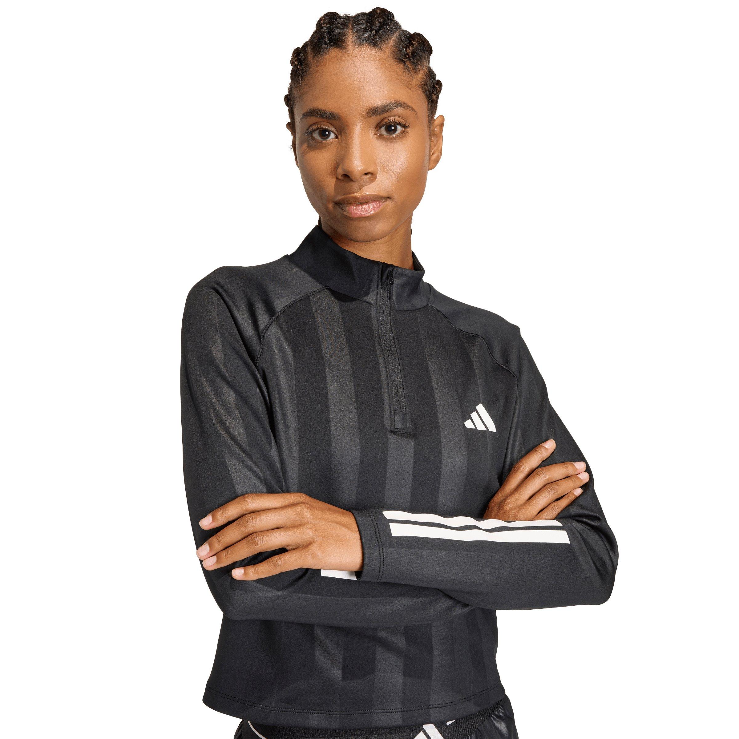 adidas Women's Hyperglam 3-Stripes Emboss 1/4 Zip Cover Up Track Top - Black - BLACK Thumbnail View 4