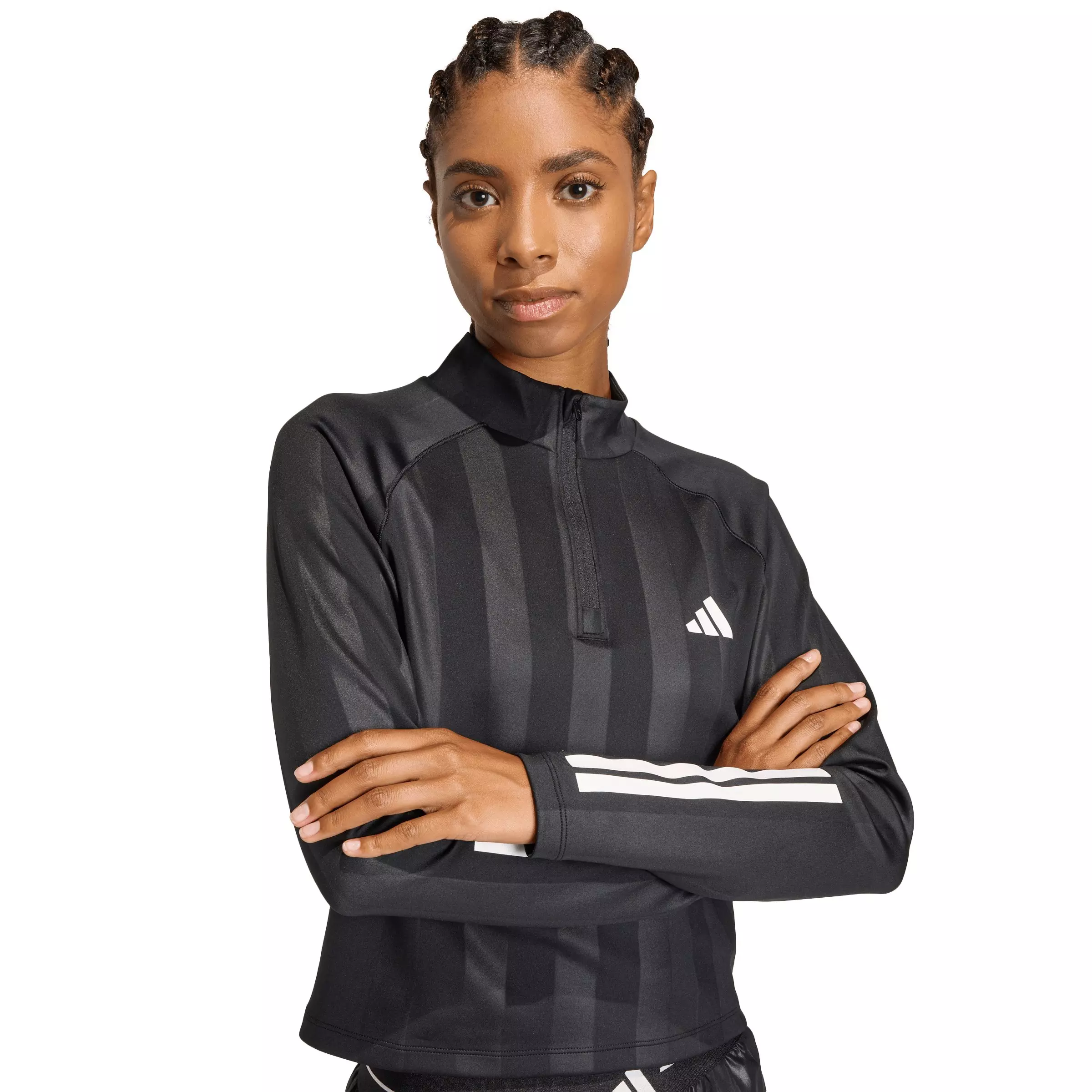 adidas Women's Hyperglam 3-Stripes Emboss 1/4 Zip Cover Up Track Top - Black - BLACK