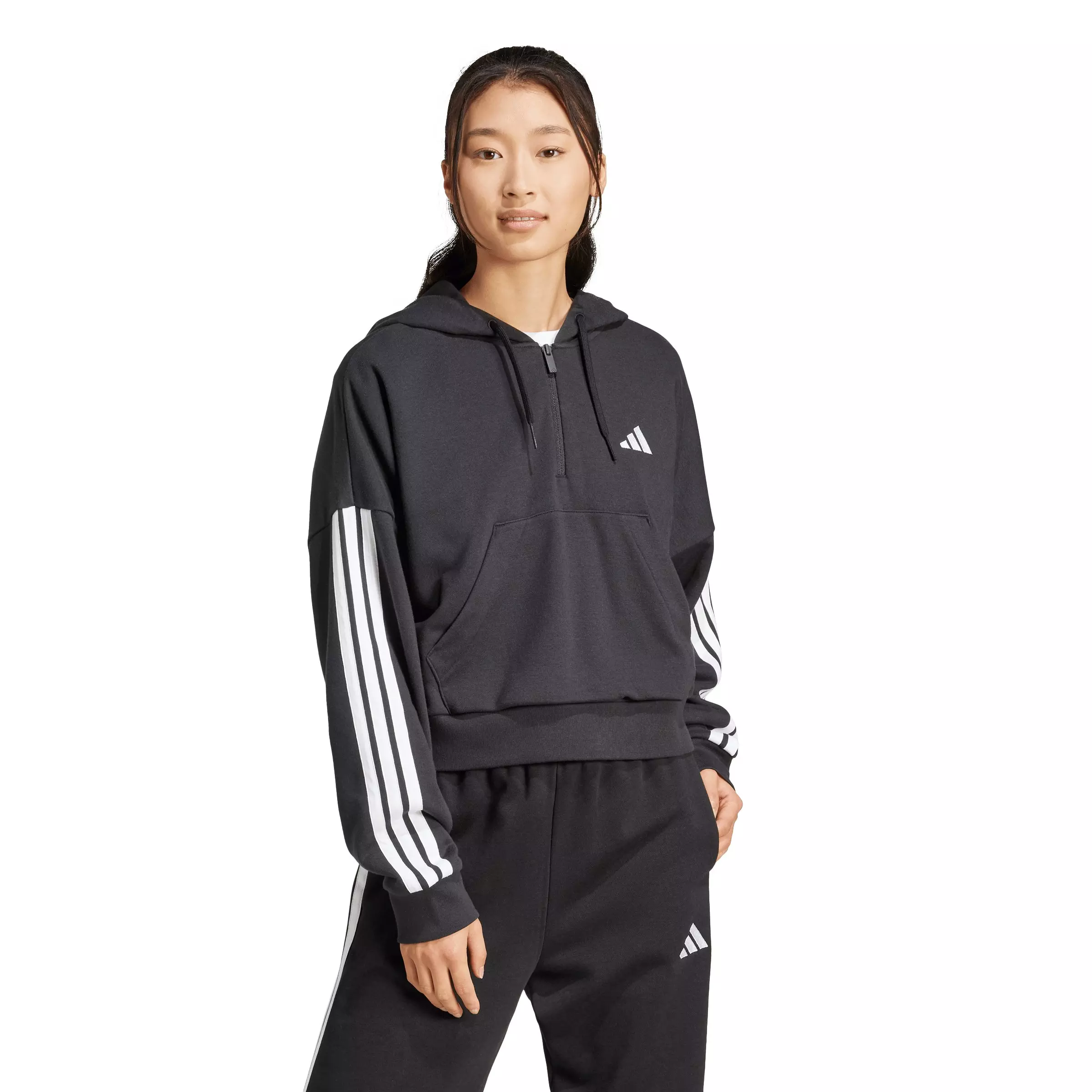 adidas Women's Essentials 3-Stripes French Terry Quarter-Zip Hoodie -Black - BLACK