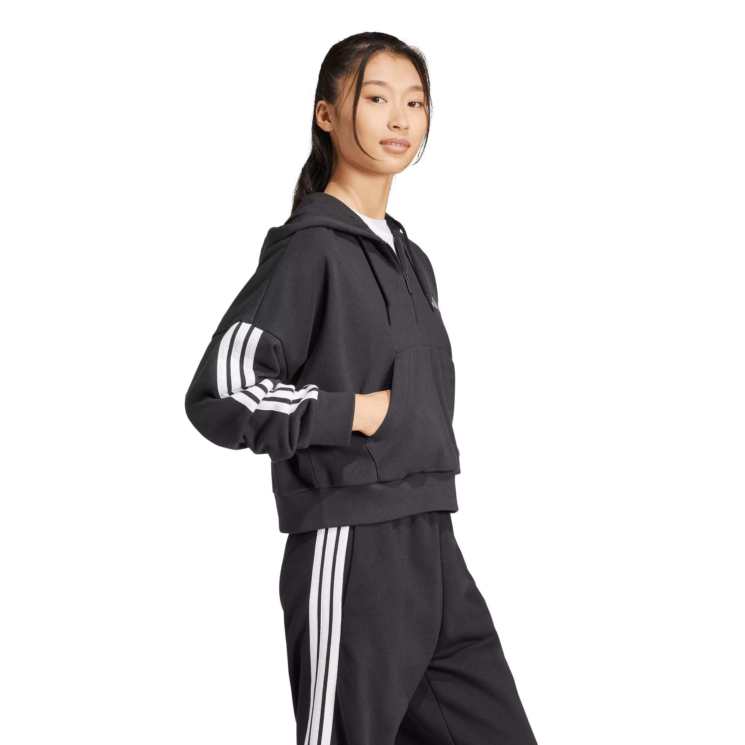 adidas Women's Essentials 3-Stripes French Terry Quarter-Zip Hoodie - Black - BLACK