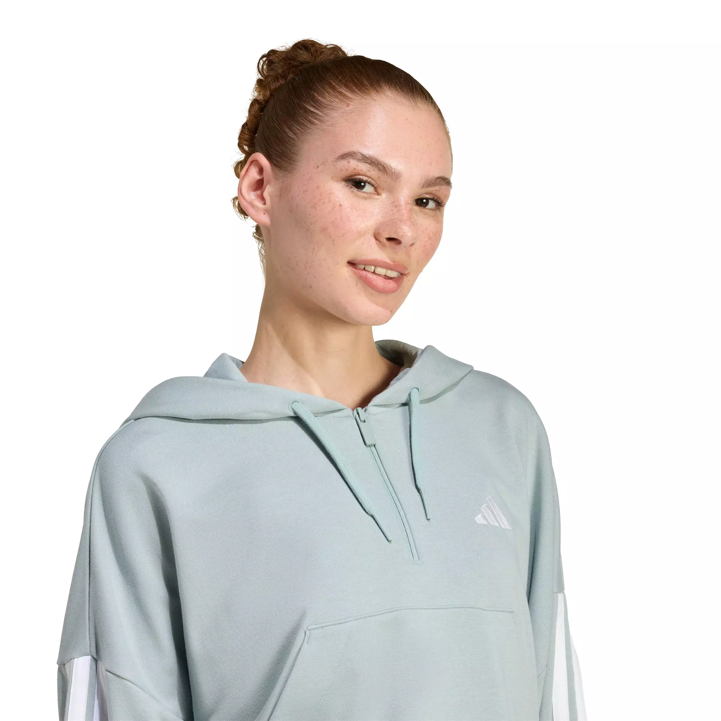 adidas Women's Essentials 3-Stripes French Terry Quarter-Zip Hoodie -Sage Green - SAGE GREEN