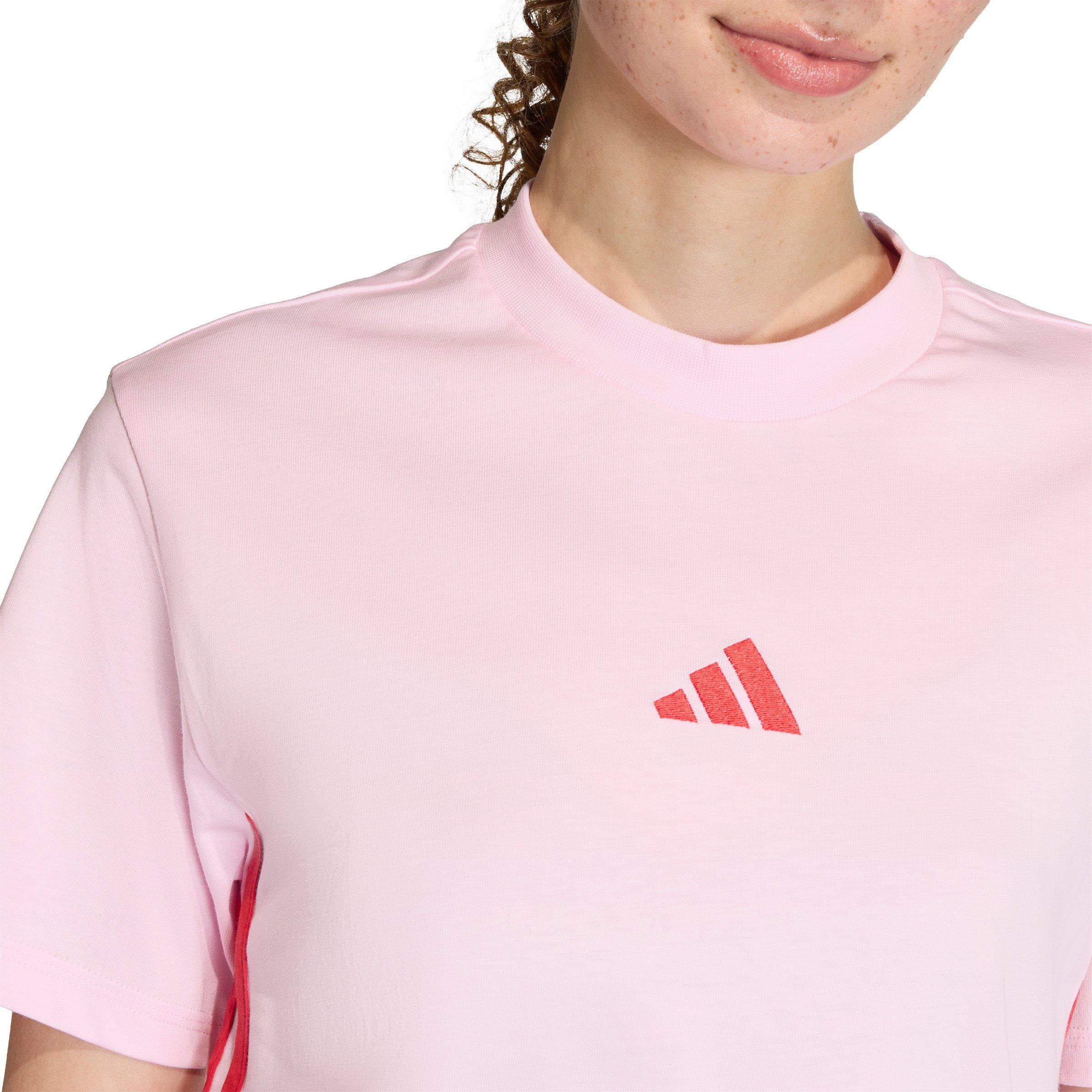 adidas Women's Essentials 3-Stripes Cotton T-Shirt - Light Pink/Red - LIGHT PINK/RED Thumbnail View 3