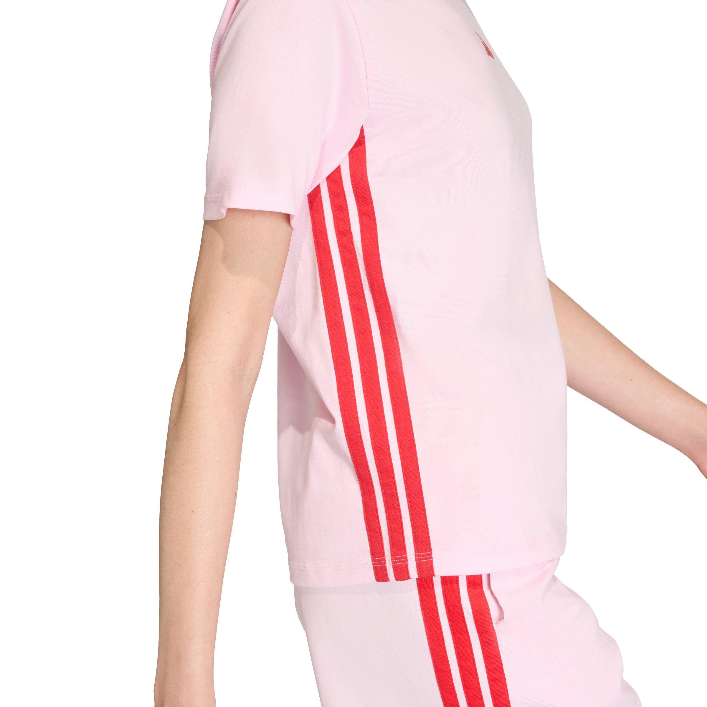 adidas Women's Essentials 3-Stripes Cotton T-Shirt - Light Pink/Red - LIGHT PINK/RED Thumbnail View 4