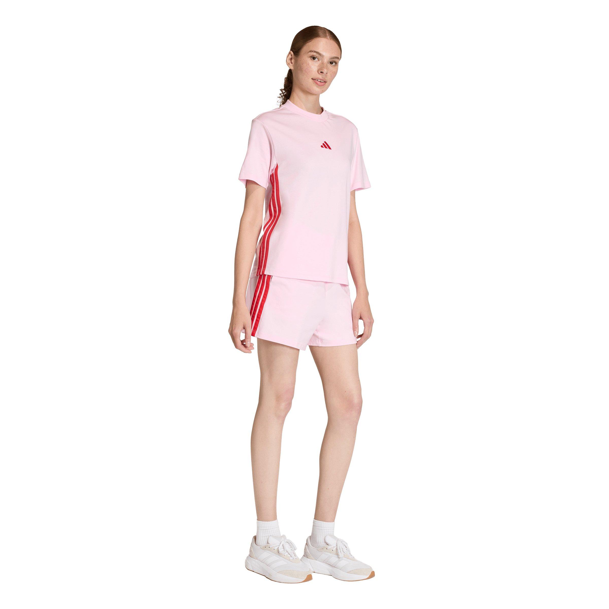 adidas Women's Essentials 3-Stripes Cotton T-Shirt - Light Pink/Red - LIGHT PINK/RED Thumbnail View 5