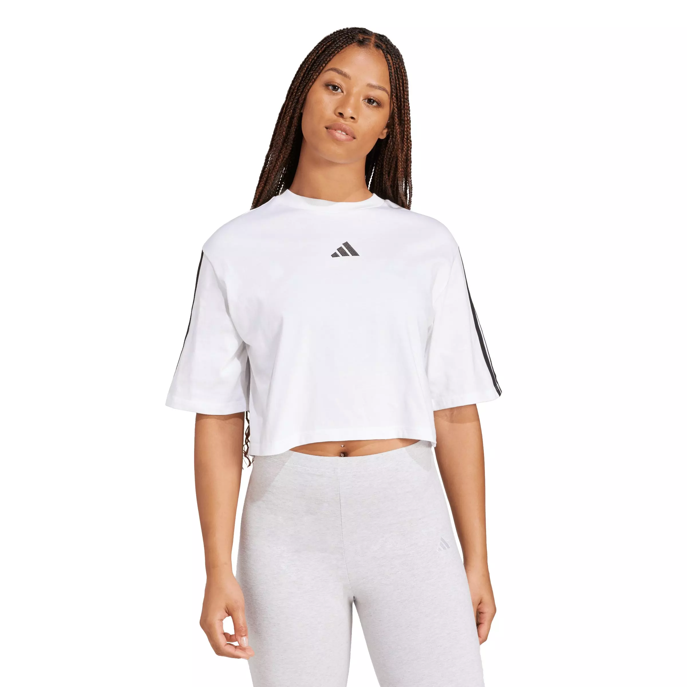 adidas Women's Essentials 3-Stripes Cotton Cropped Loose T-Shirt - White - WHITE