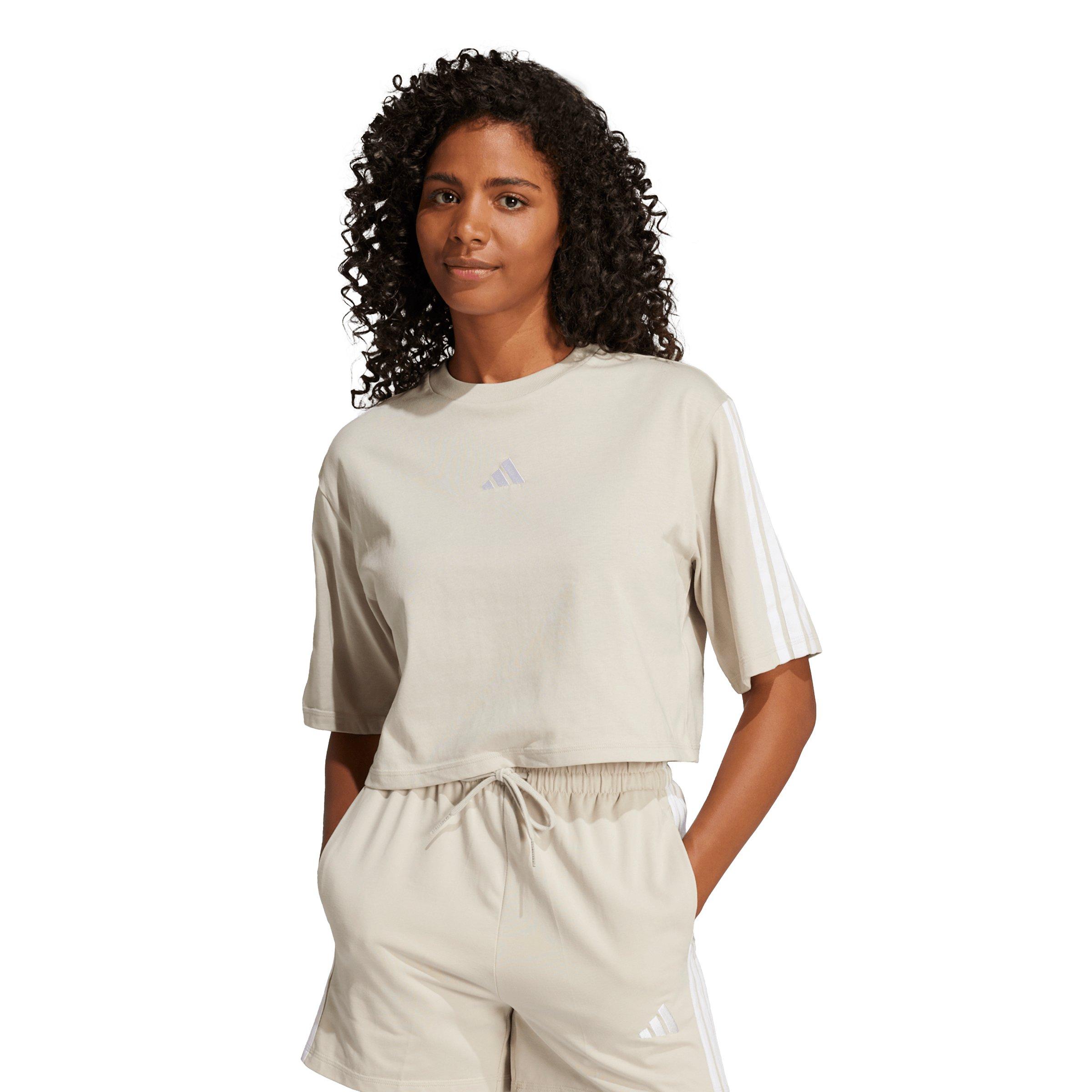 adidas Women's Essentials 3-Stripes Cotton Cropped Loose T-Shirt - Beige - BEIGE Thumbnail View 1