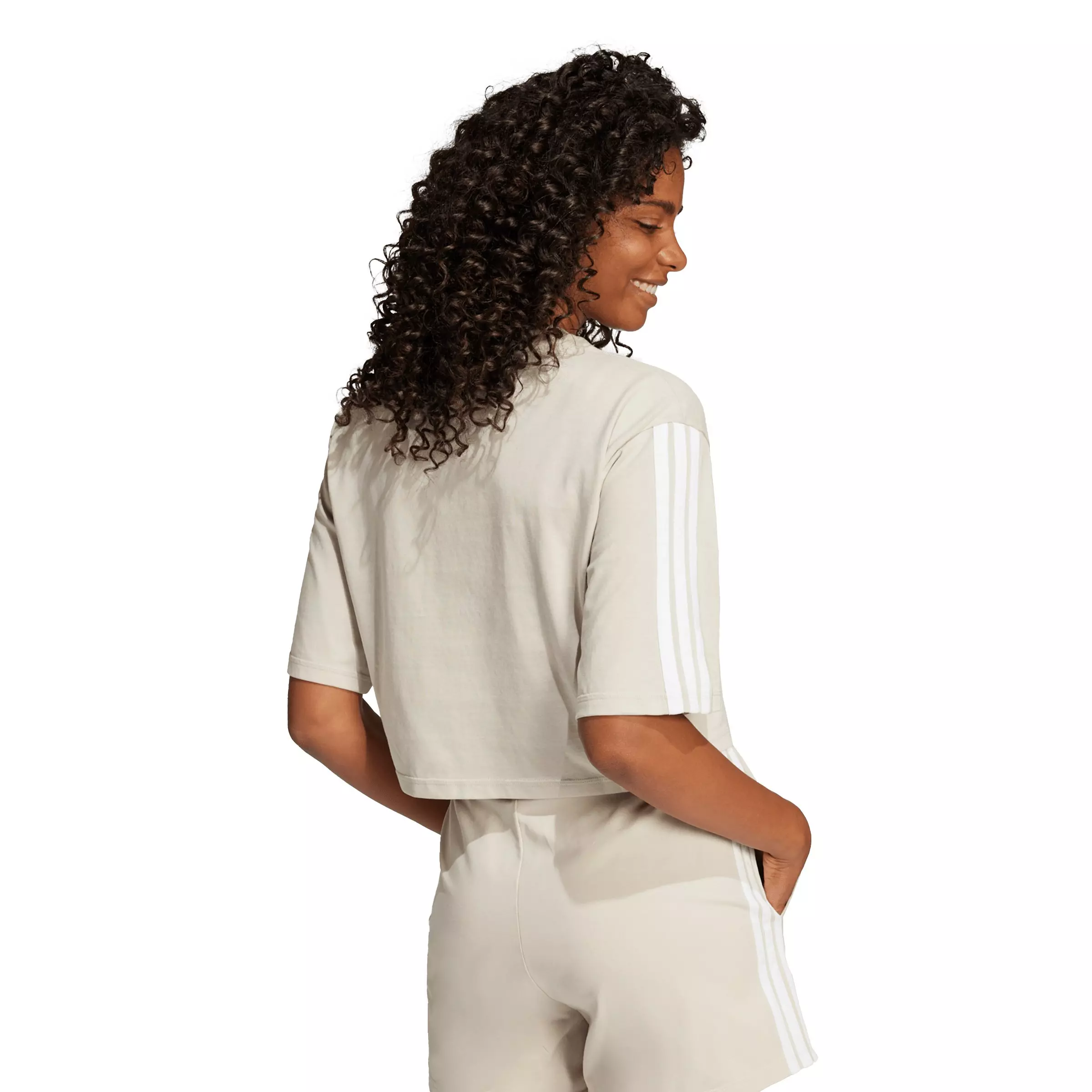 adidas Women's Essentials 3-Stripes Cotton Cropped Loose T-Shirt - Beige - BEIGE