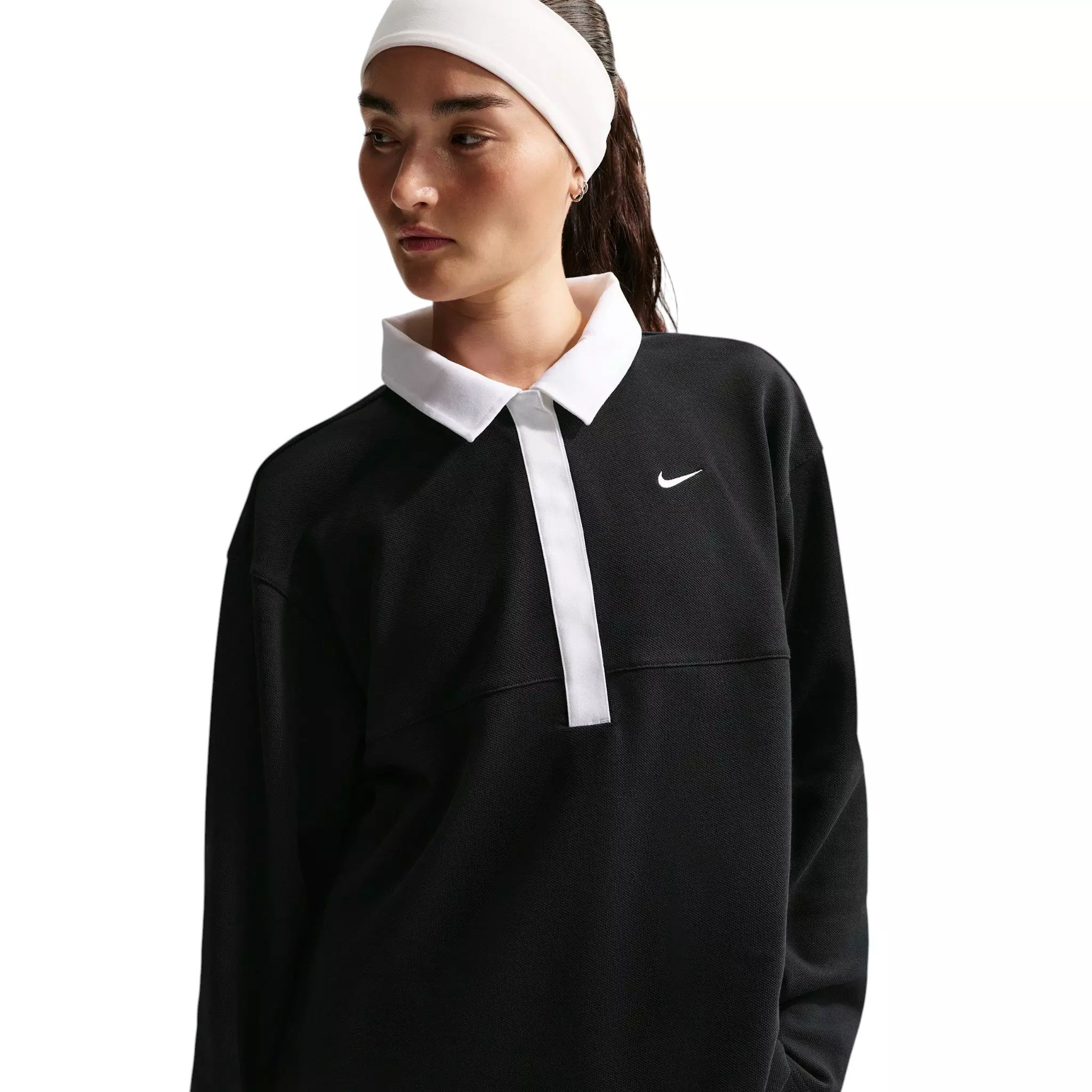 Nike Women's Sportswear Oversized Long-Sleeve Polo - Black/White - BLACK/WHITE