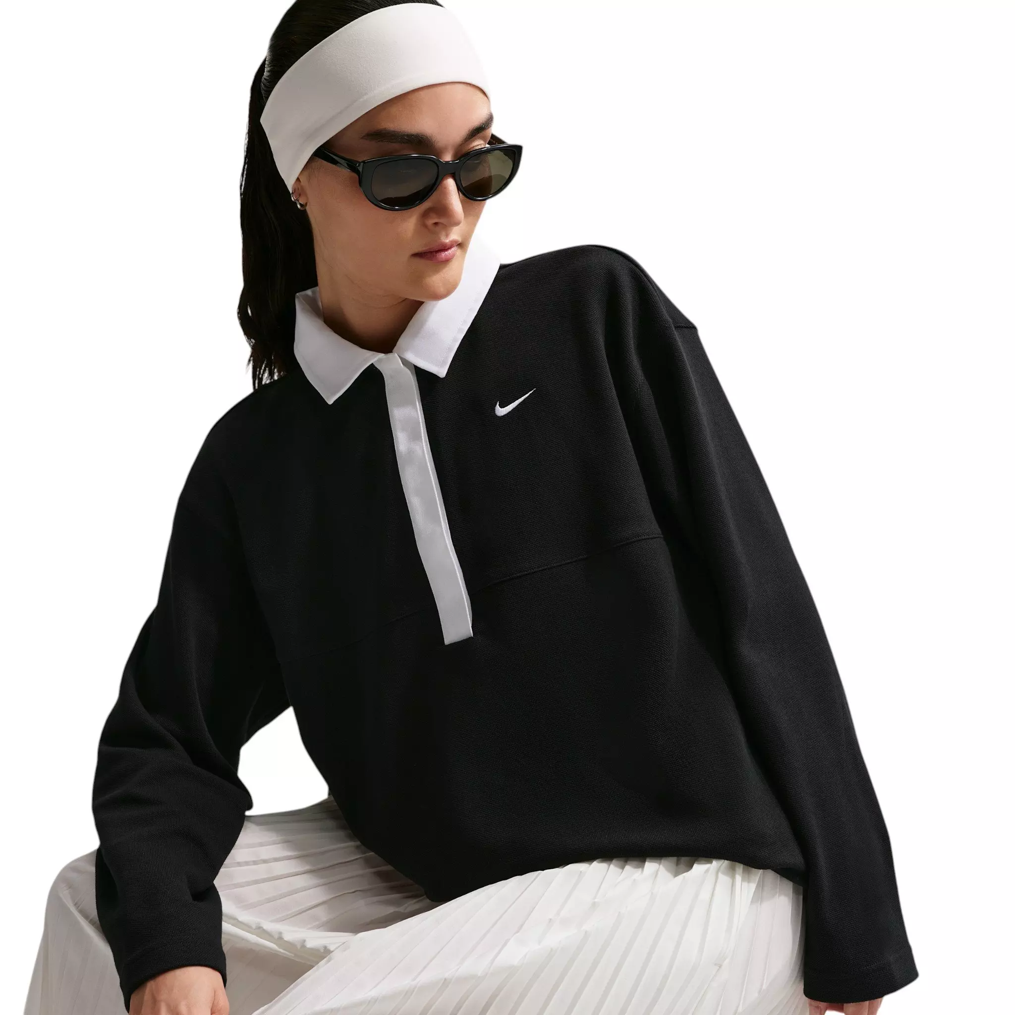 Nike Women's Sportswear Oversized Long-Sleeve Polo - Black/White - BLACK/WHITE