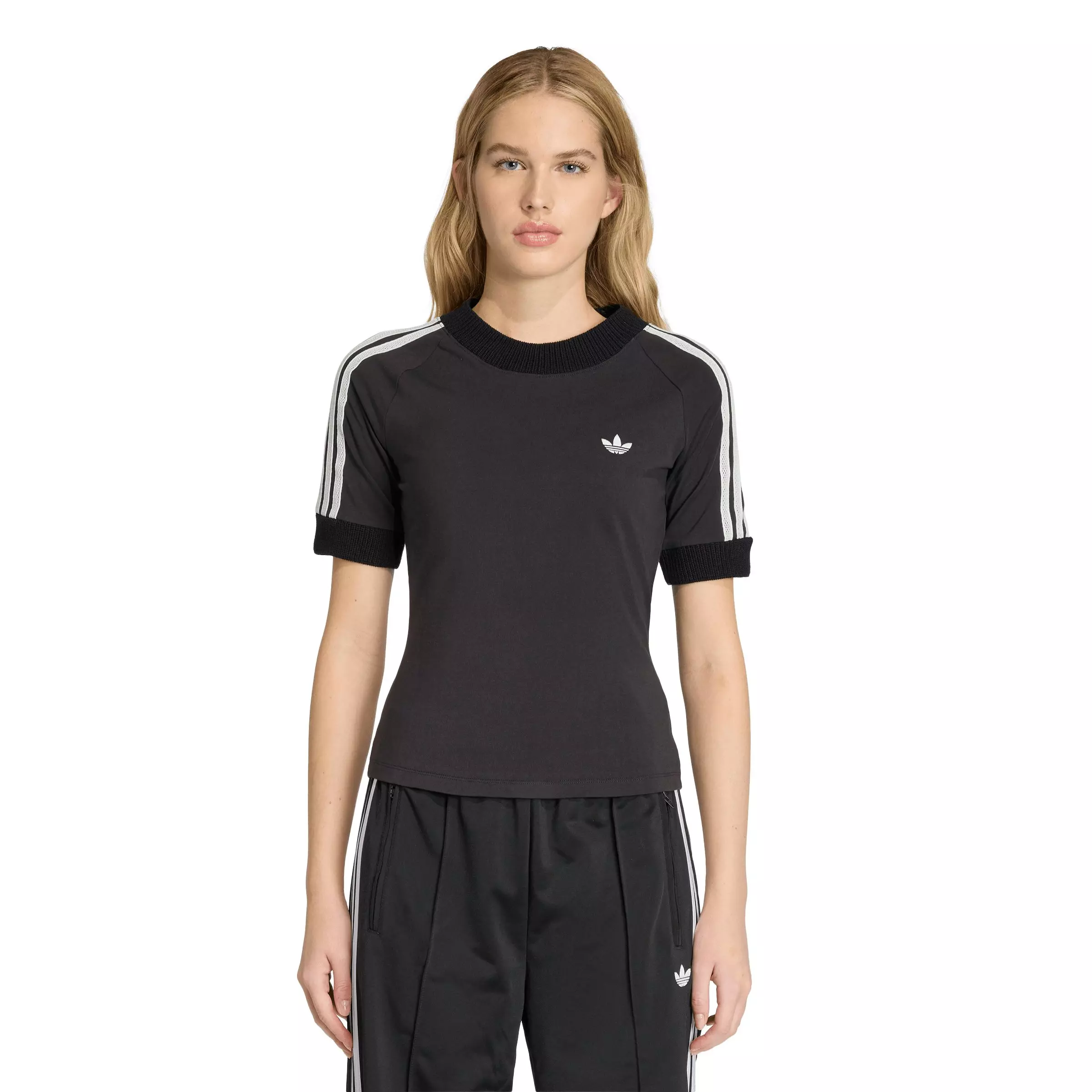 adidas Originals Women's Cali Knitted Crochet Details T-Shirt - Black - BLACK