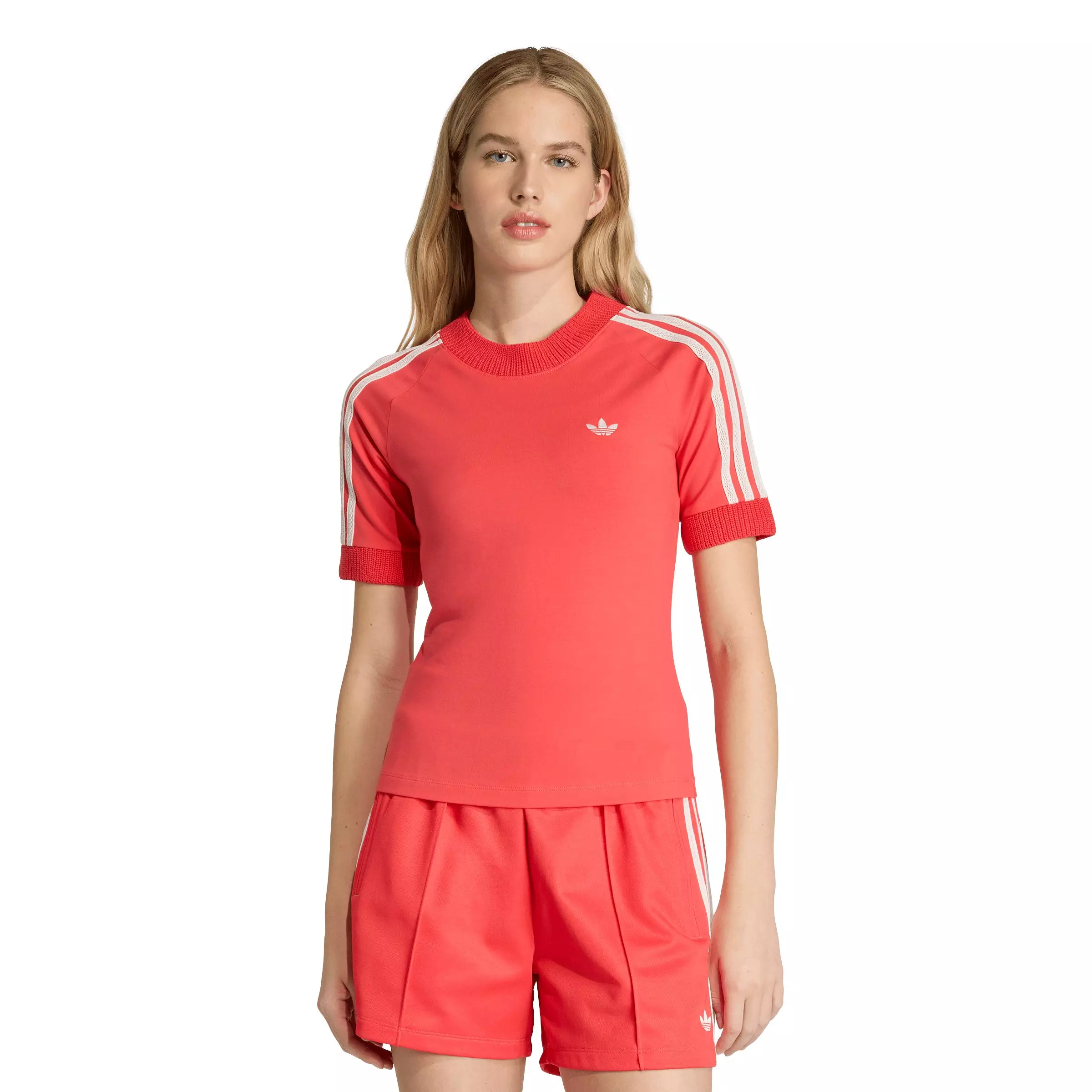 adidas Originals Women's Knitted Crochet Detailed Cali T-Shirt - Red - RED