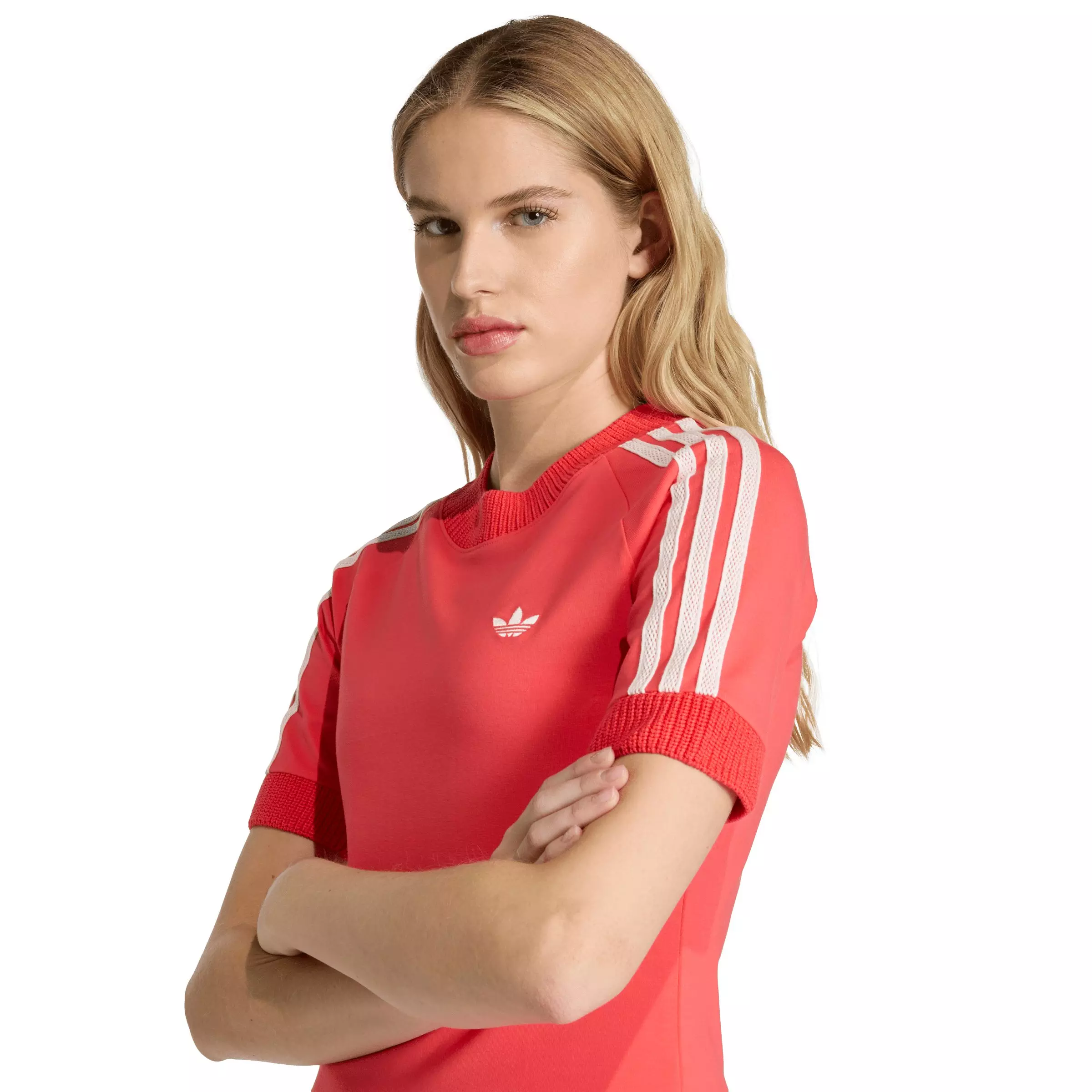 adidas Originals Women's Knitted Crochet Detailed Cali T-Shirt - Red - RED