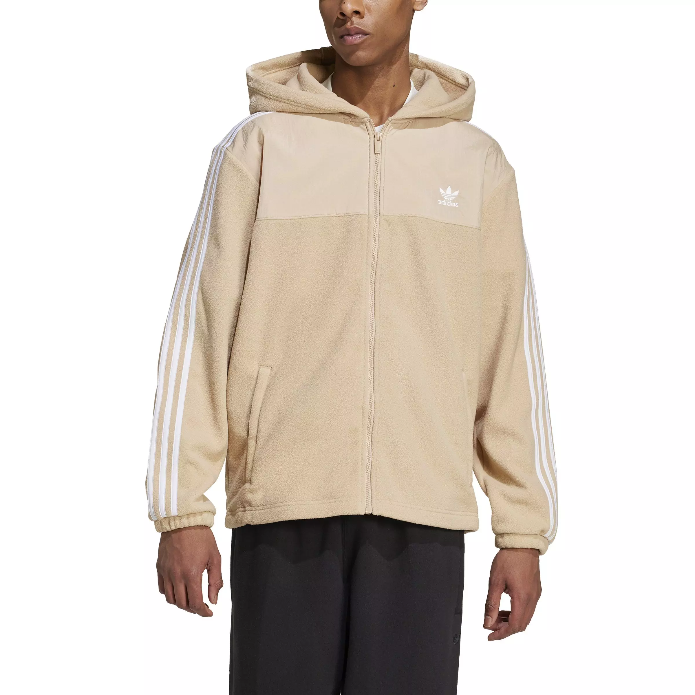 adidas Originals Men's adicolor 3-Stripes Teddy Fleece Jacket -Beige - BEIGE
