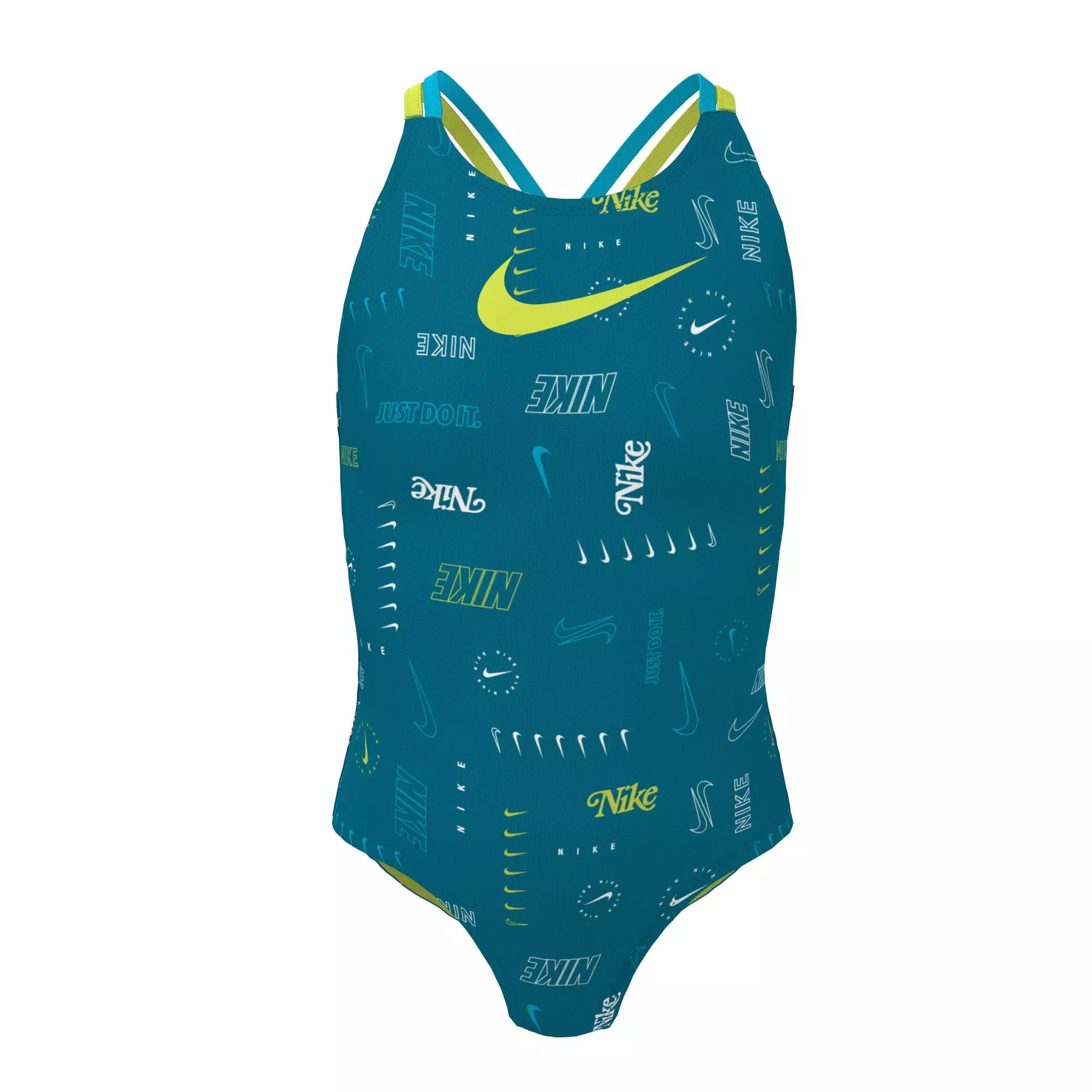 Nike Big Girls' Spiderback 1-Piece Swimsuit-All Over Logo - GREEN