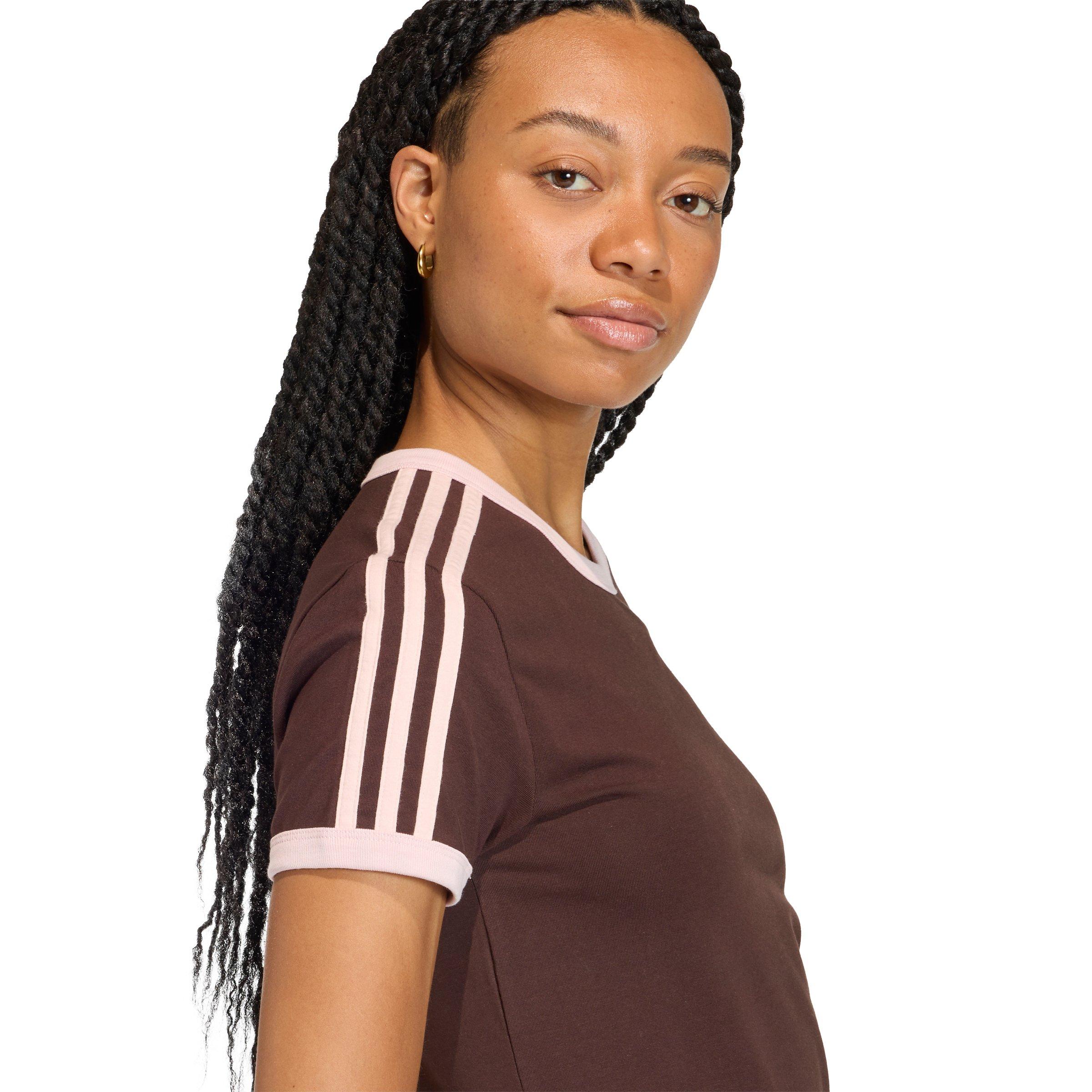 adidas Originals Women's 3 Stripes Slim Fit T-Shirt - Brown - BROWN Thumbnail View 3