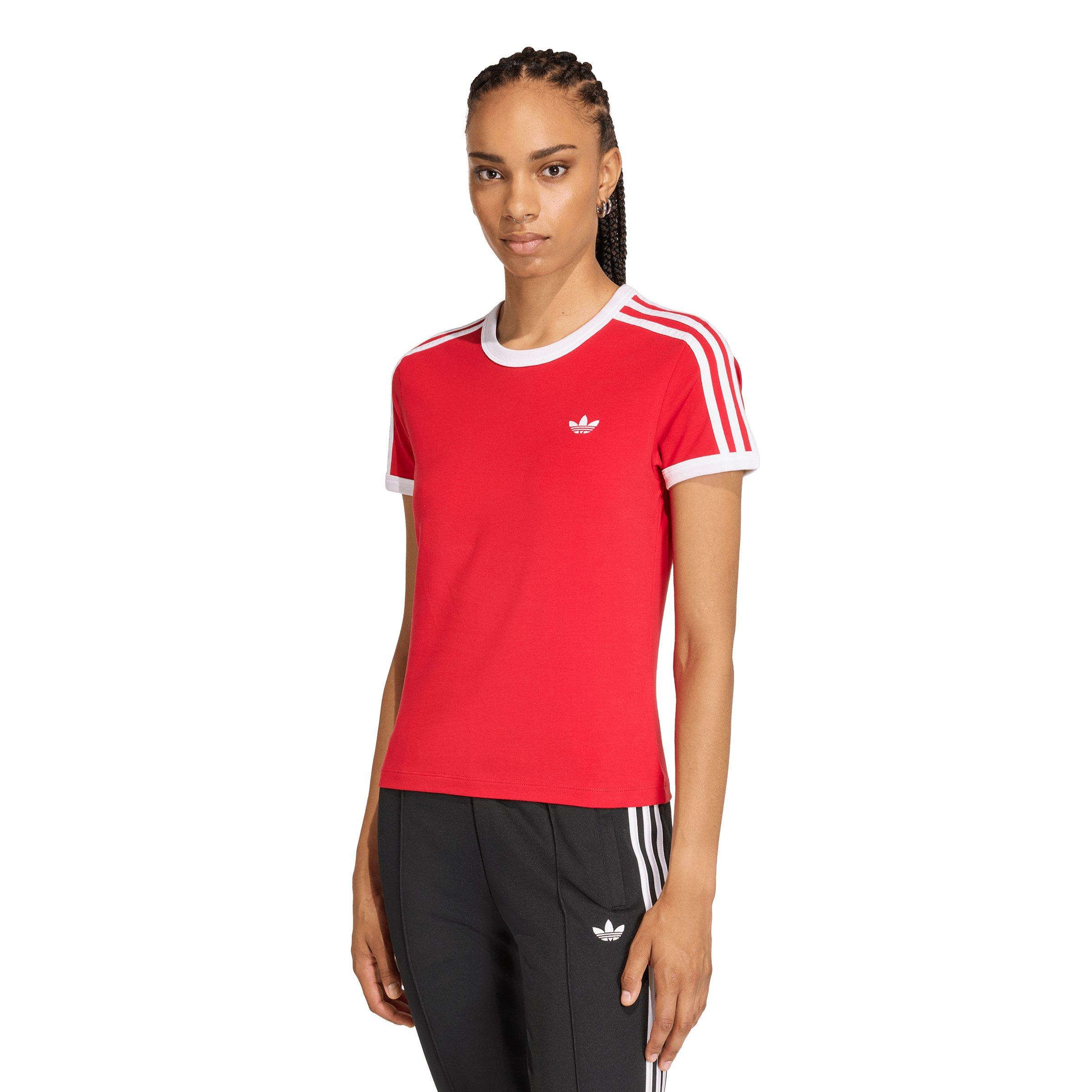 adidas Originals Women's 3 Stripes Slim Fit T-Shirt - Red - RED Thumbnail View 1
