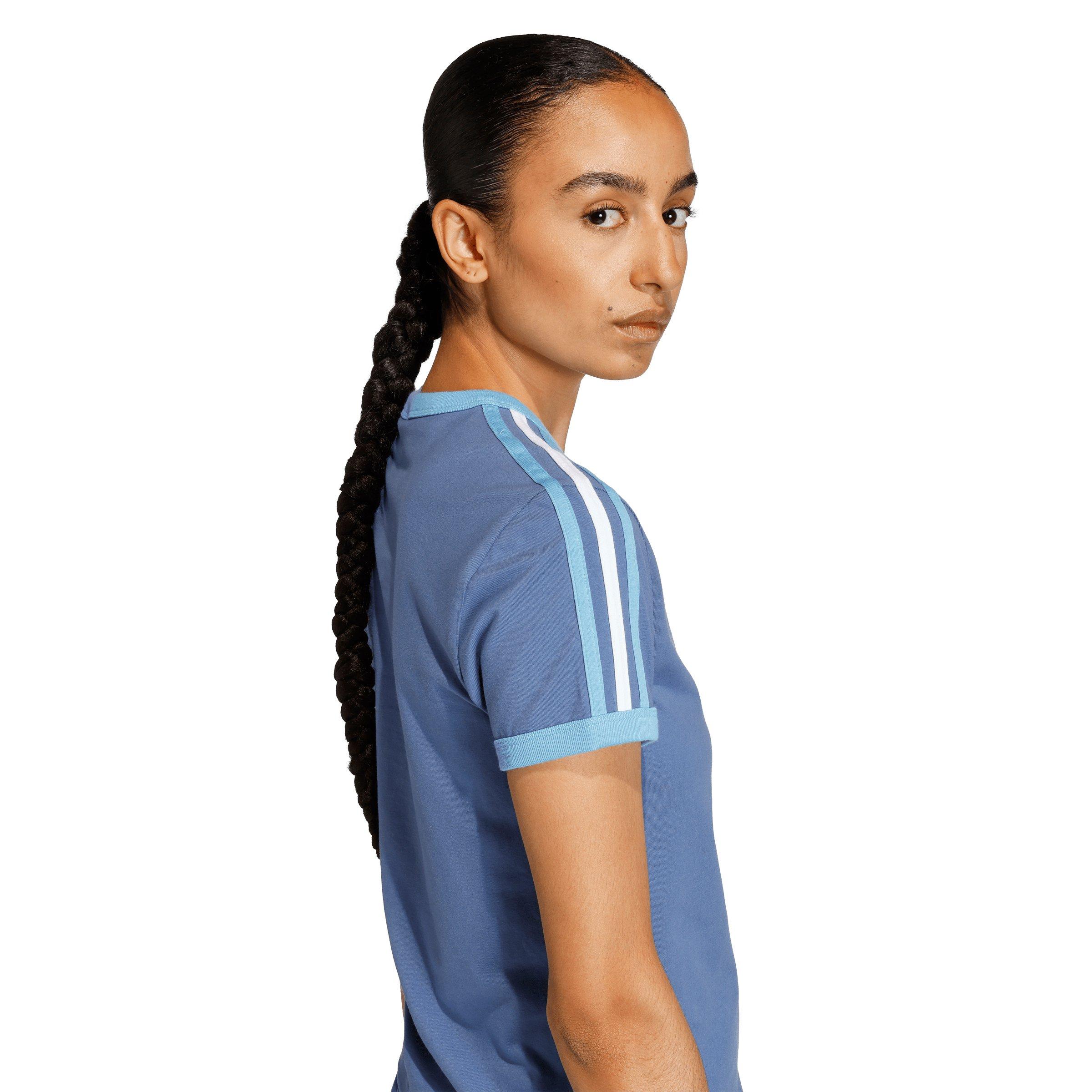 adidas Originals Women's 3 Stripes Slim Fit T-Shirt - Blue - BLUE Thumbnail View 3