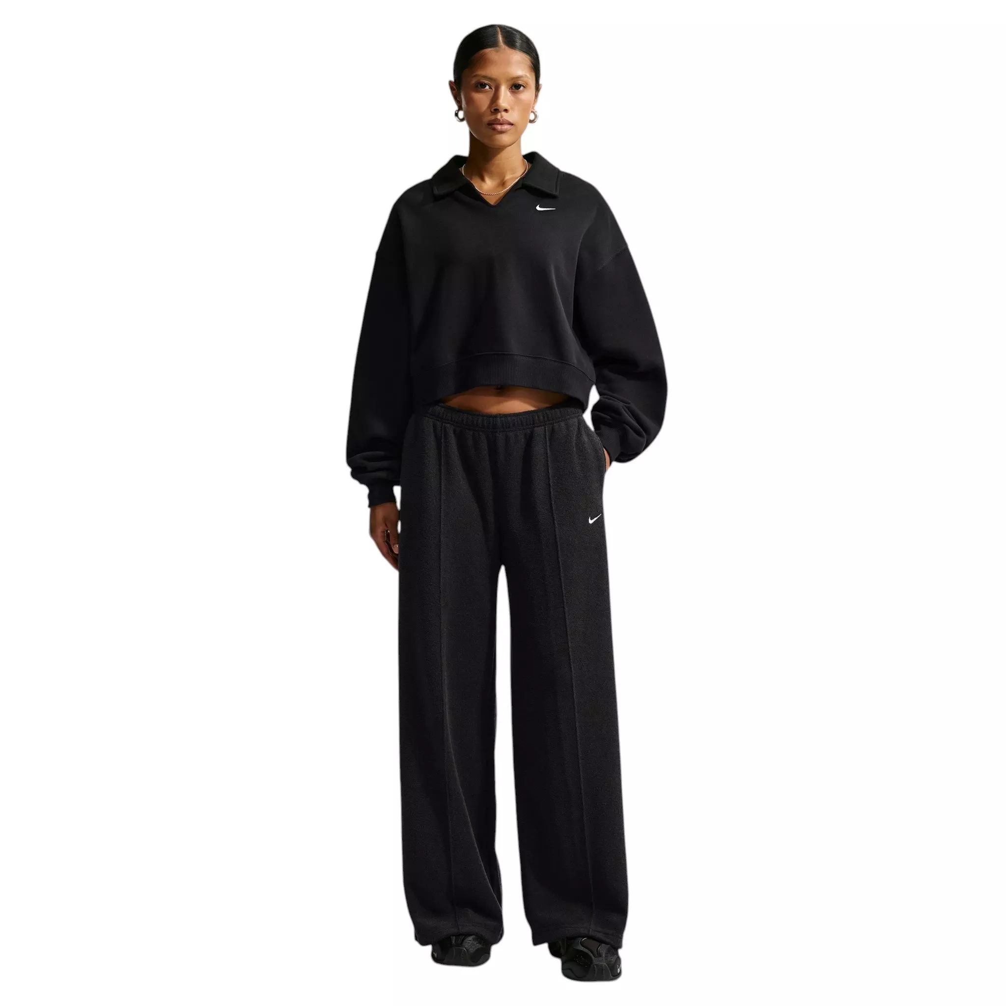 Nike Women's Studio Fleece Plush Mid-Rise Wide-Leg Sweatpants - Black/Off-White - BLACK/OFF-WHITE