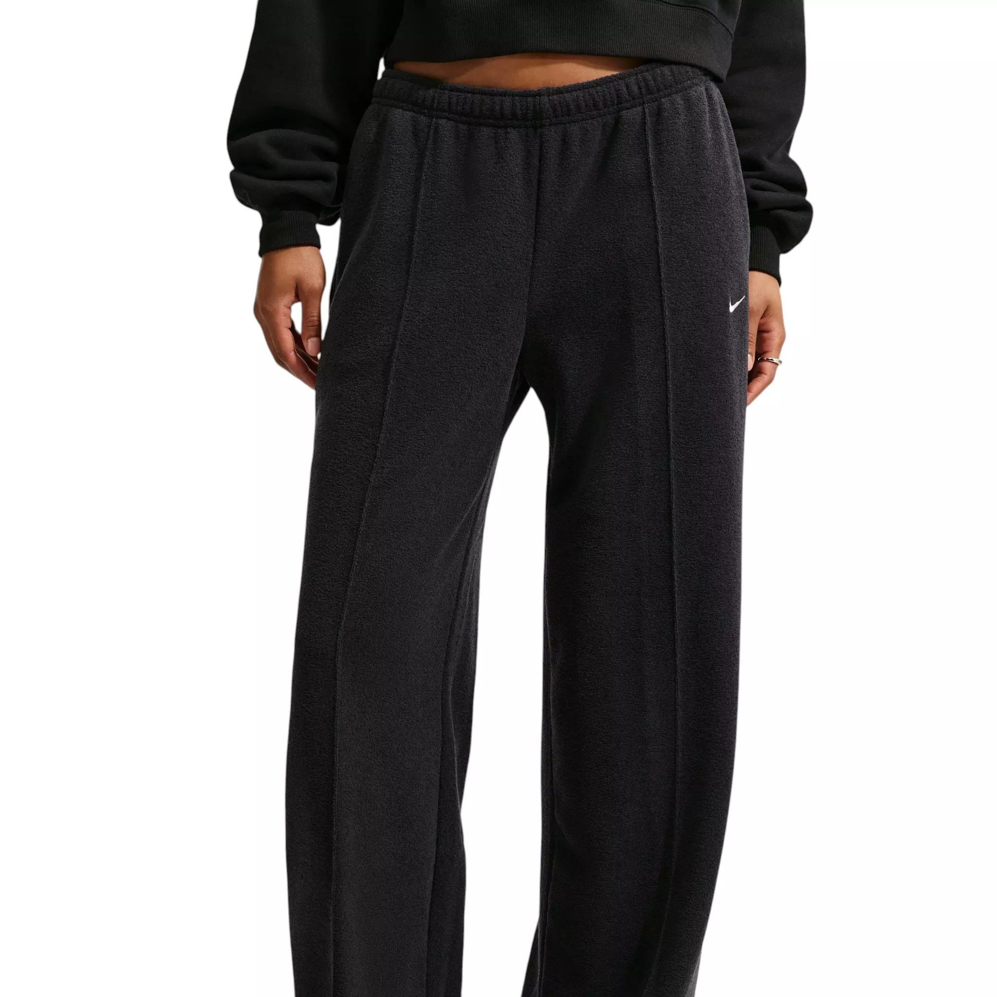 Nike Women's Studio Fleece Plush Mid-Rise Wide-Leg Sweatpants - Black/Off-White - BLACK/OFF-WHITE