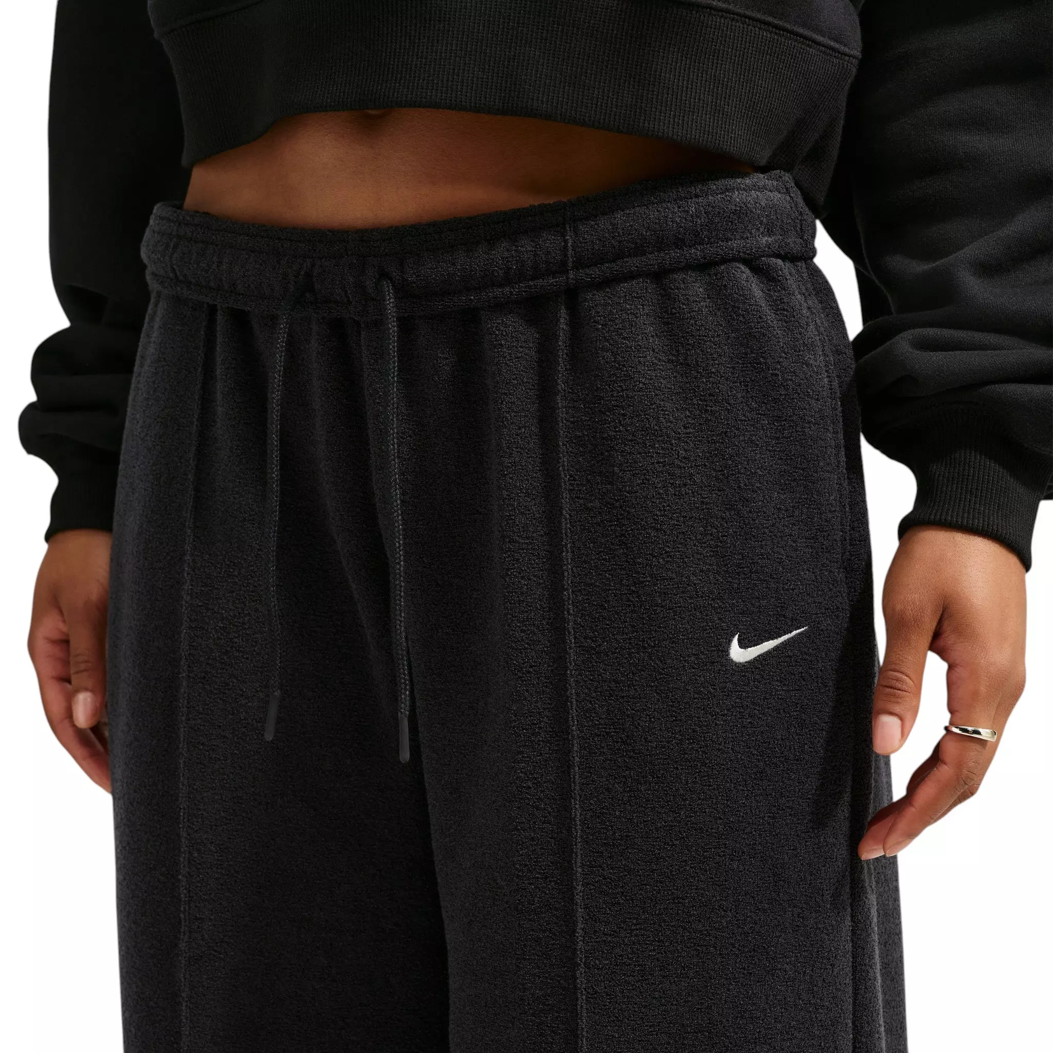 Nike Women's Studio Fleece Plush Mid-Rise Wide-Leg Sweatpants - Black/Off-White - BLACK/OFF-WHITE