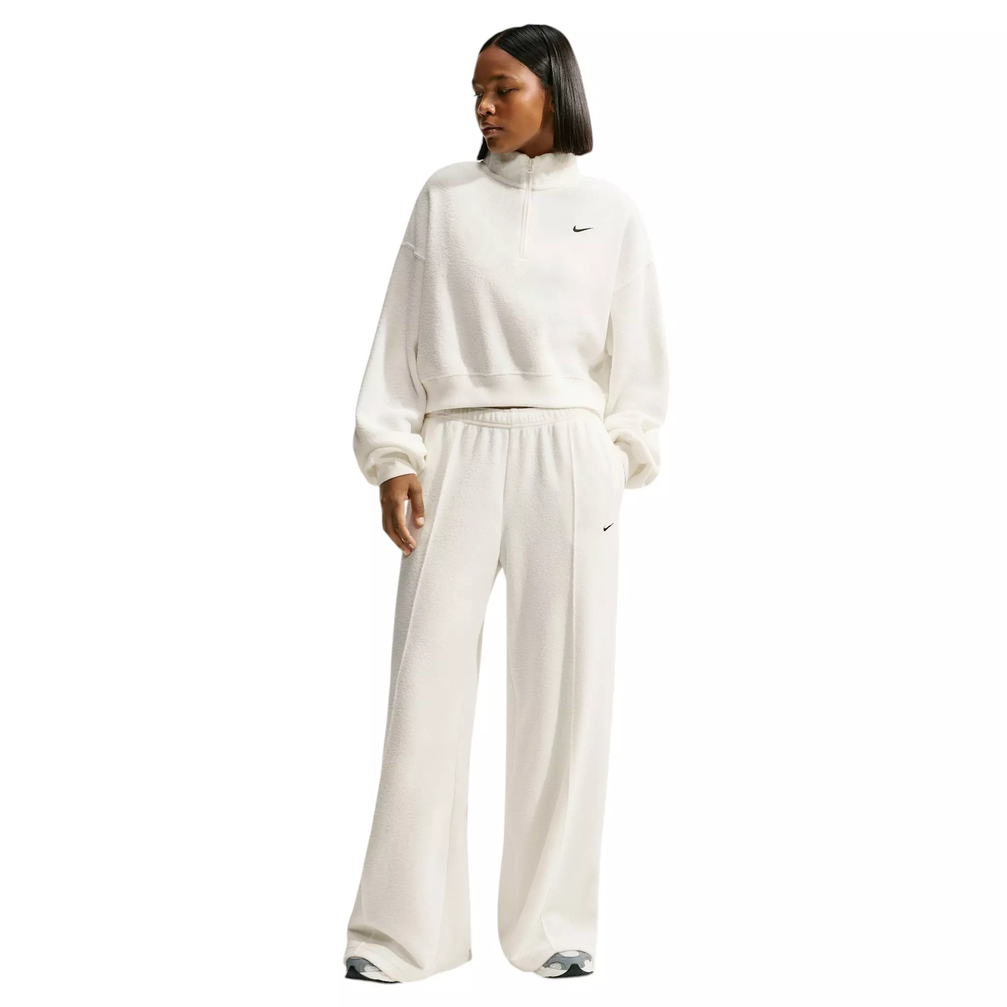 Nike Women's Studio Fleece Plush Mid-Rise Wide-Leg Sweatpants - Off-White/Black - OFF-WHITE/BLACK
