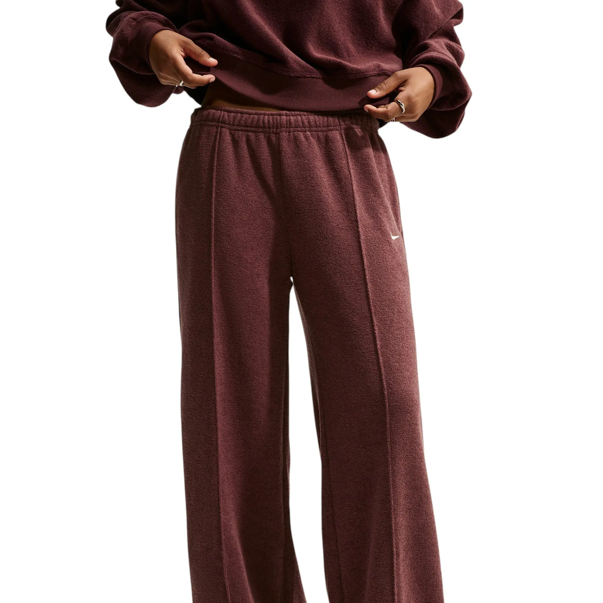 Nike Women's Studio Fleece Plush Mid-Rise Wide-Leg Sweatpants - Burgundy - BURGUNDY