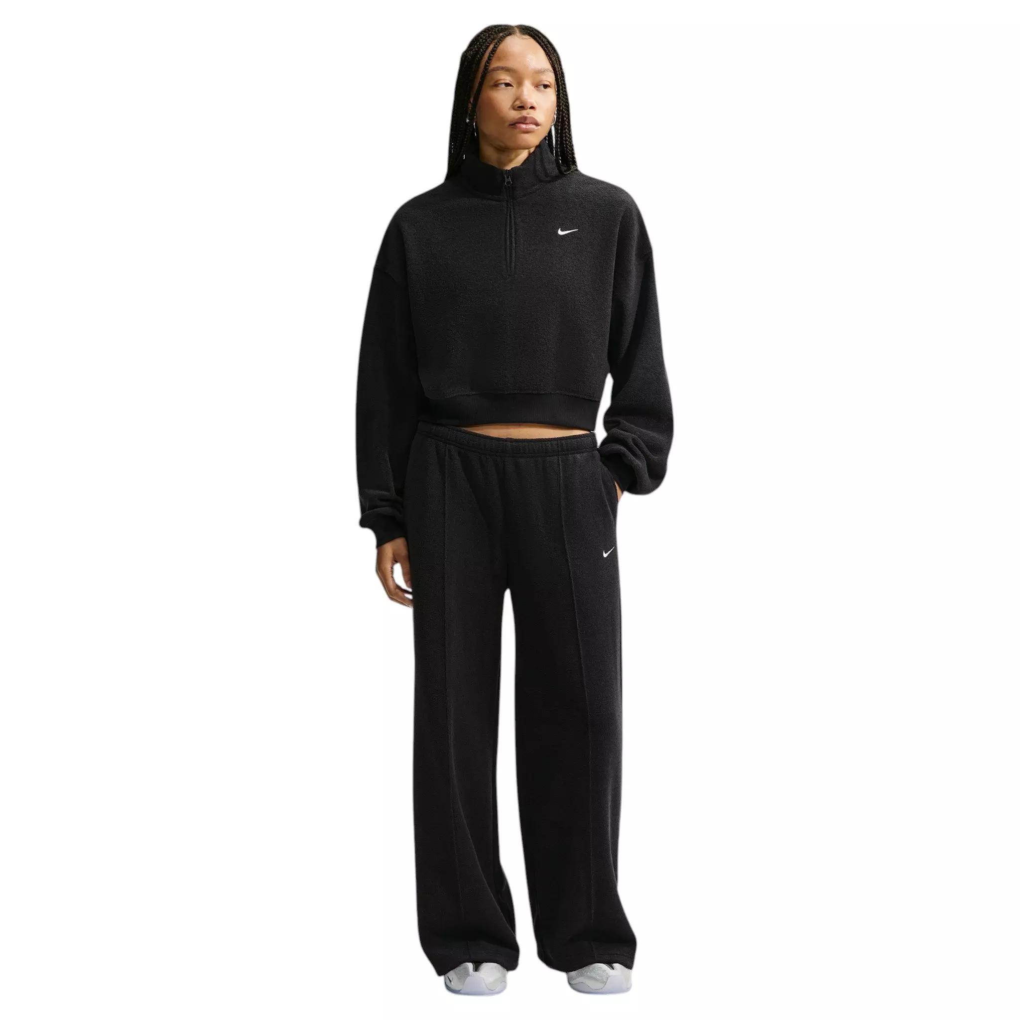Nike Women's Studio Fleece Plush Oversized 1/4 Zip Cropped Top - Black/Off-White - BLACK/OFF-WHITE