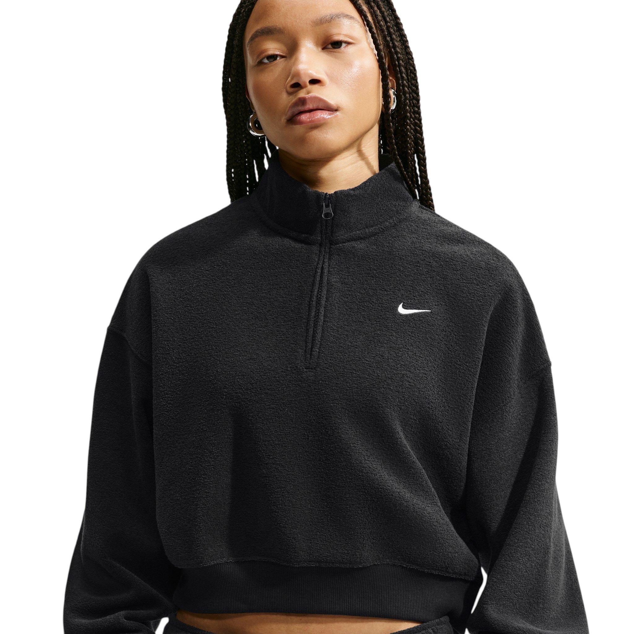 Nike Women's Studio Fleece Plush Oversized 1/4 Zip Cropped Top - Black/Off-White - BLACK/OFF-WHITE