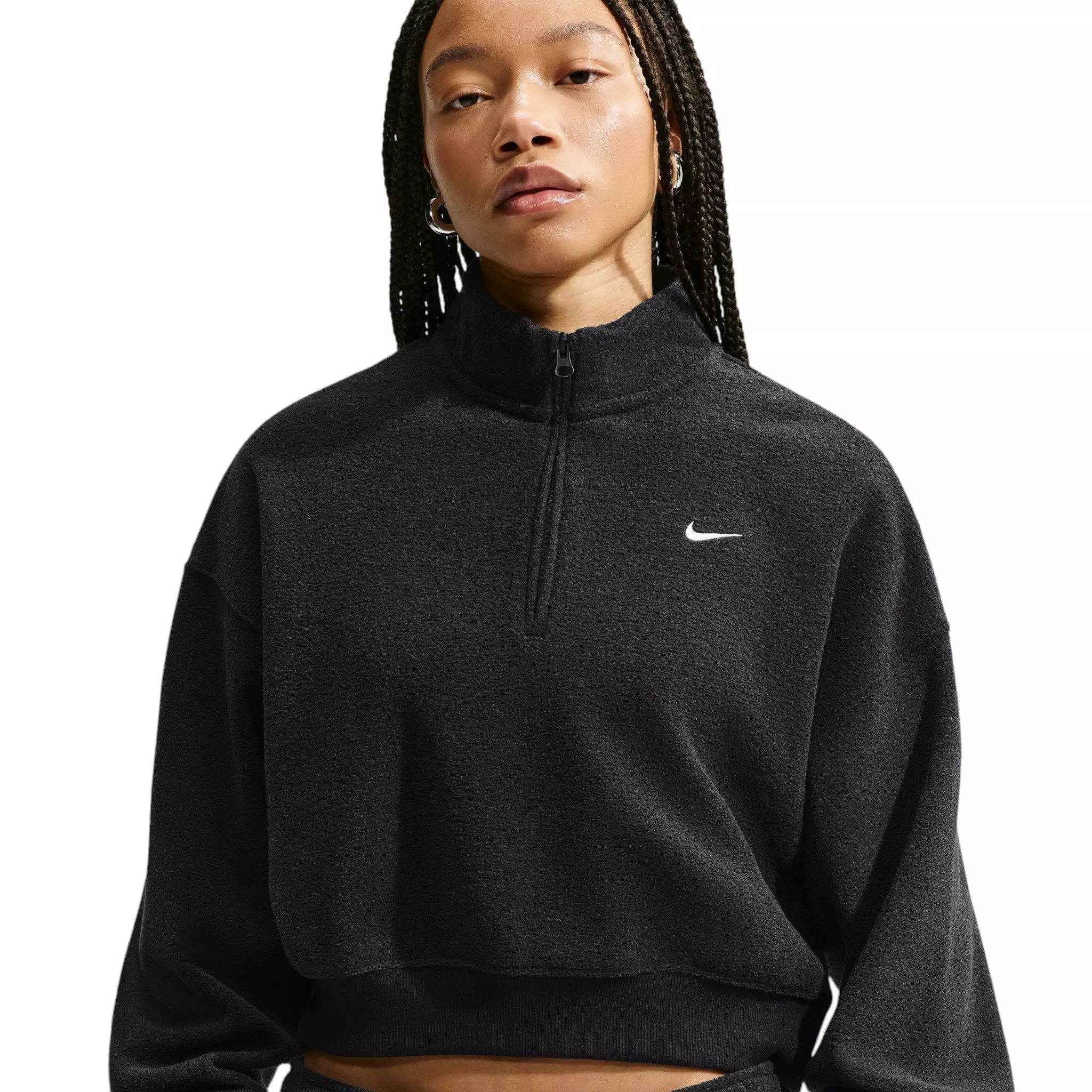 Nike Women's Studio Fleece Plush Oversized 1/4 Zip Cropped Top - Black/Off-White - BLACK/OFF-WHITE
