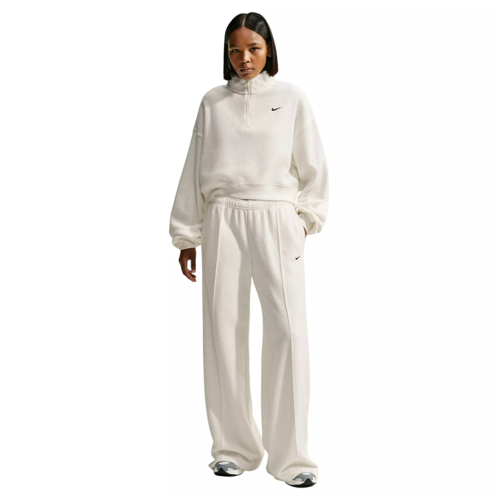 Nike Women's Studio Fleece Plush Oversized 1/4 Zip Cropped Top - Off-White/Black - OFF-WHITE/BLACK