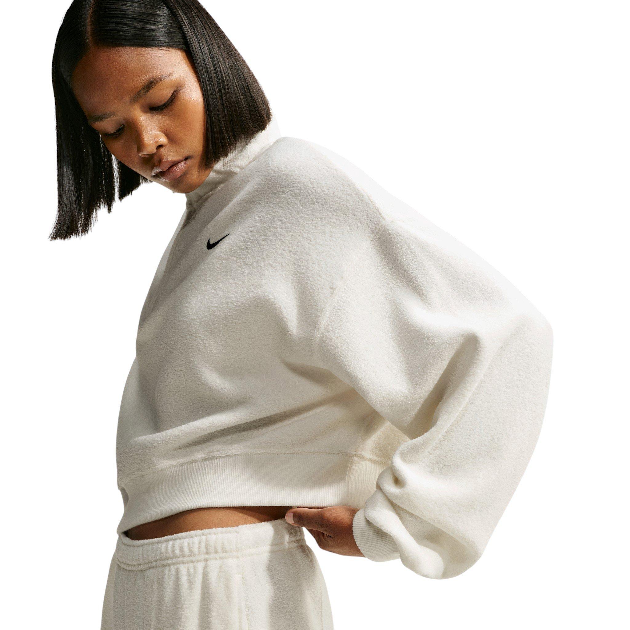 Nike Women's Studio Fleece Plush Oversized 1/4 Zip Cropped Top - Off-White/Black - OFF-WHITE/BLACK