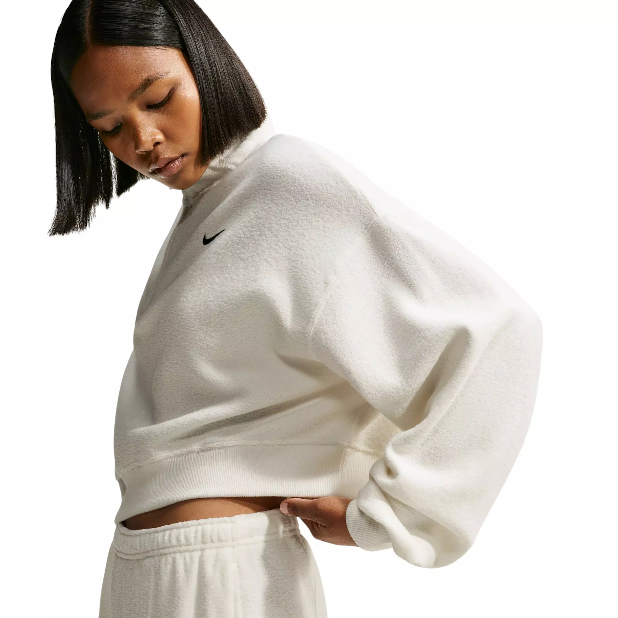 Nike Women's Studio Fleece Plush Oversized 1/4 Zip Cropped Top - Off-White/Black - OFF-WHITE/BLACK