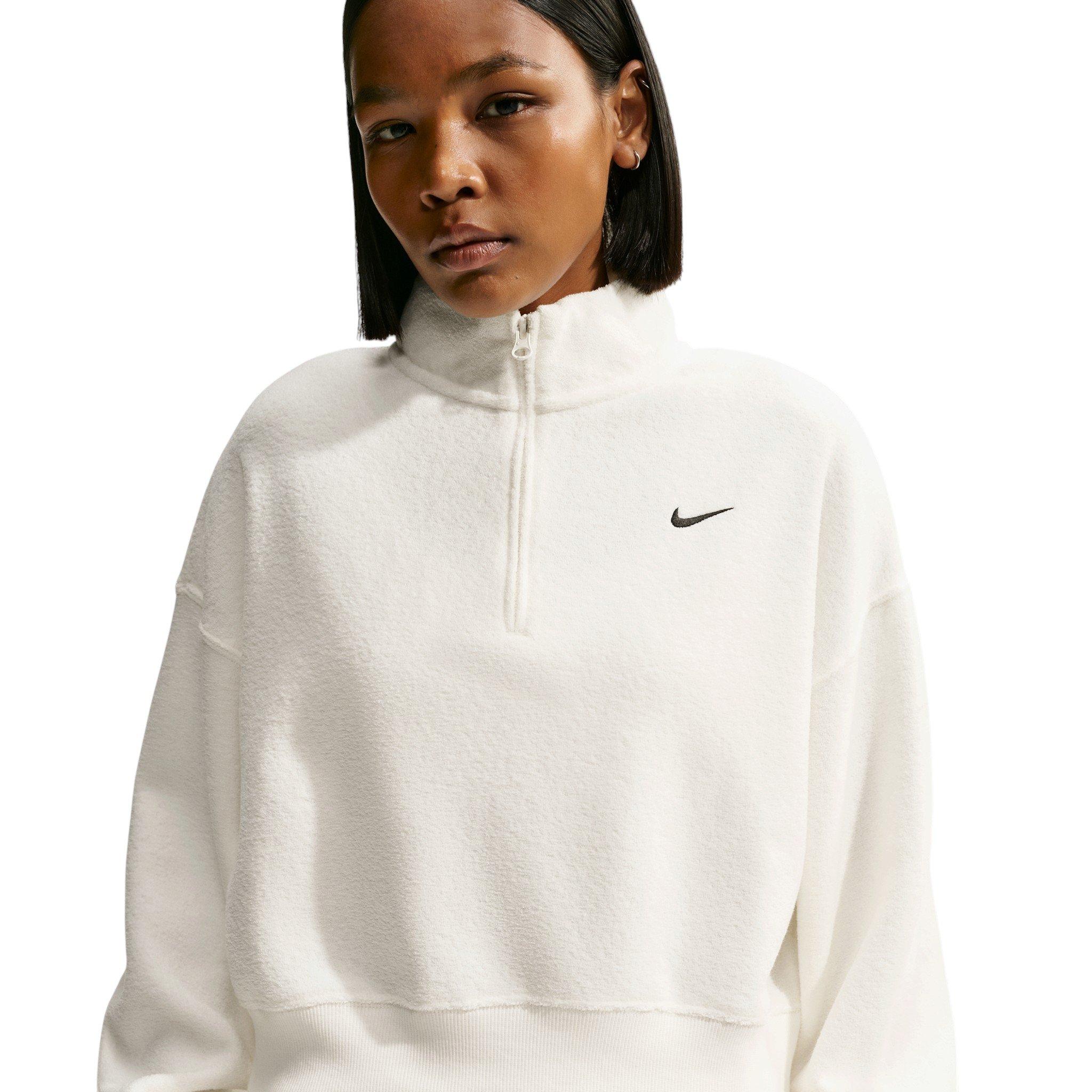 Nike Women's Studio Fleece Plush Oversized 1/4 Zip Cropped Top - Off-White/Black - OFF-WHITE/BLACK