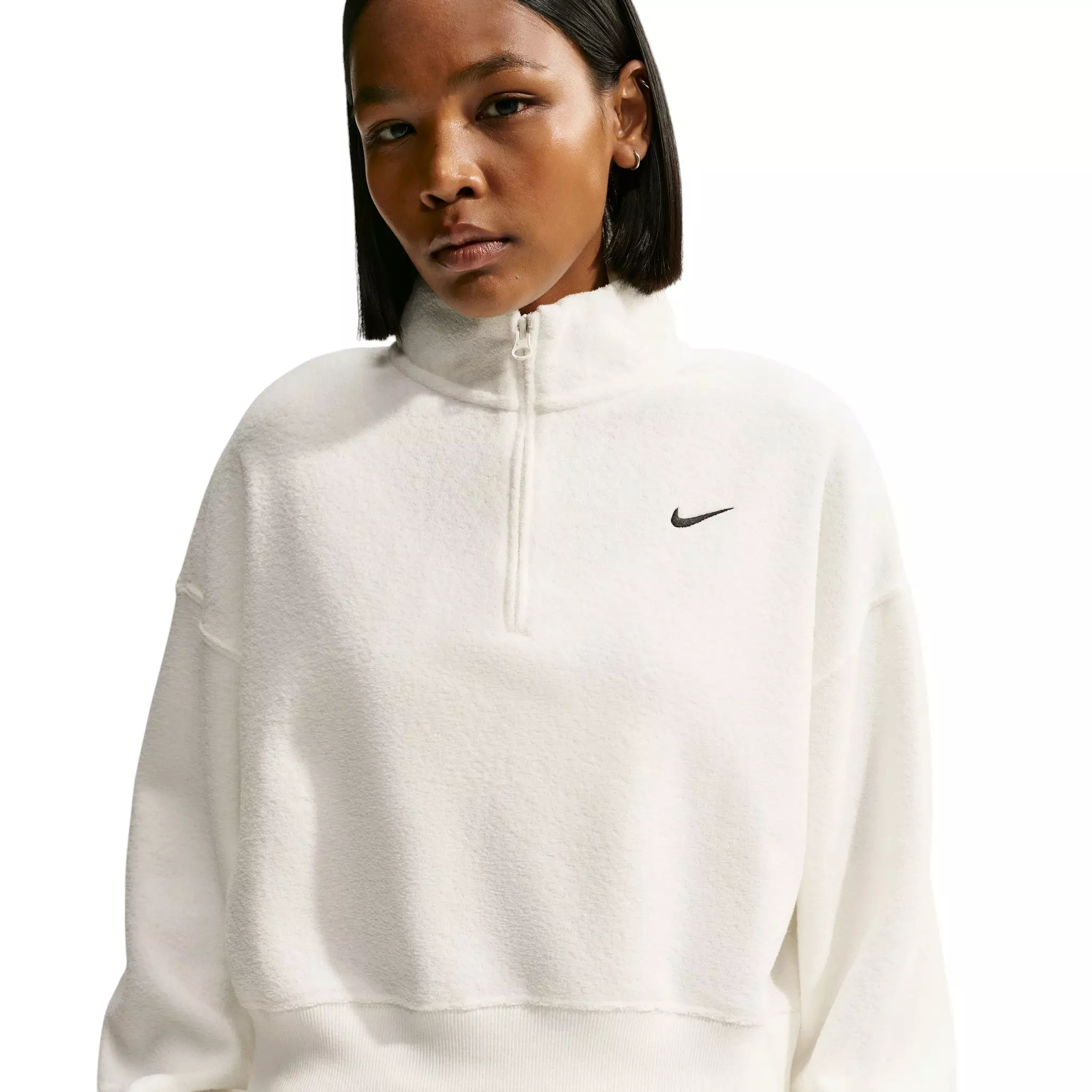 Nike Women's Studio Fleece Plush Oversized 1/4 Zip Cropped Top - Off-White/Black - OFF-WHITE/BLACK