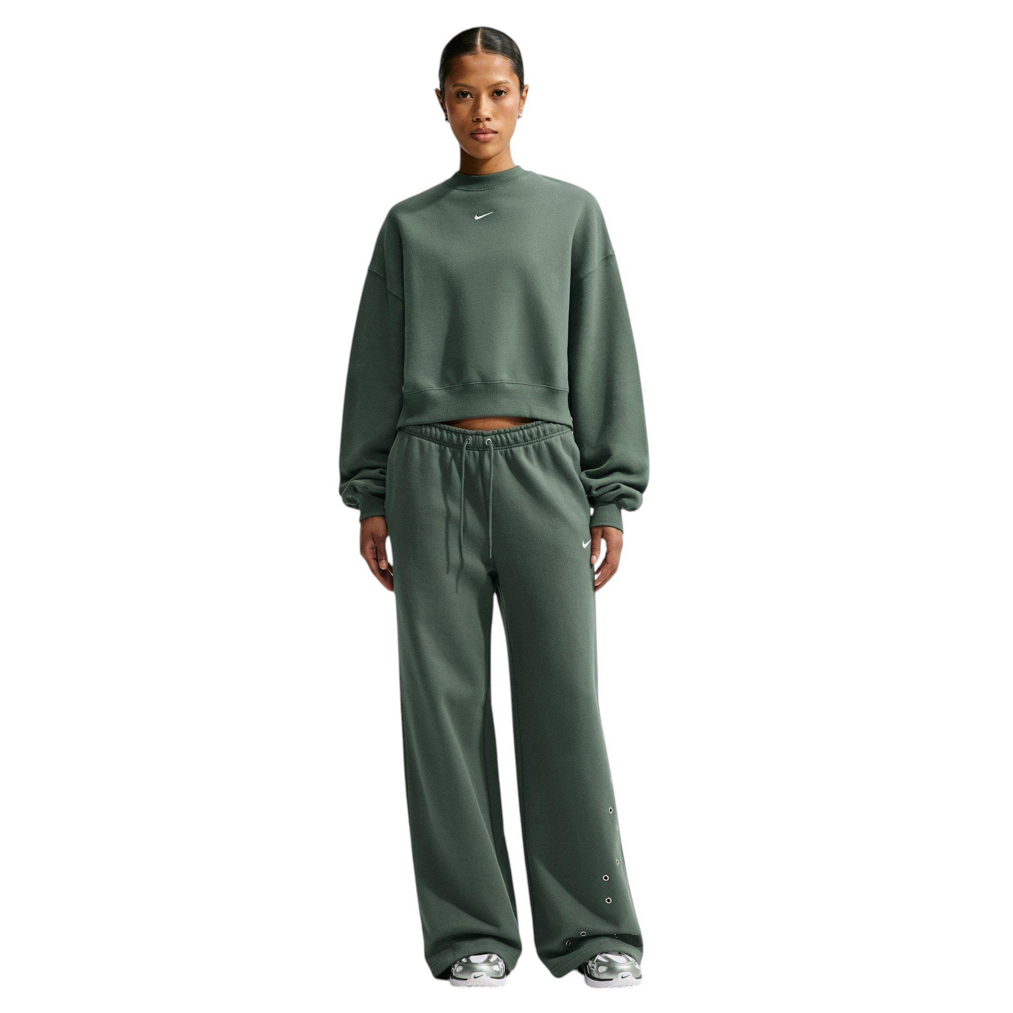 Nike Women's Studio Fleece Lightweight "French Terry" Oversized Cropped Pleated Crewneck - Green - GREEN