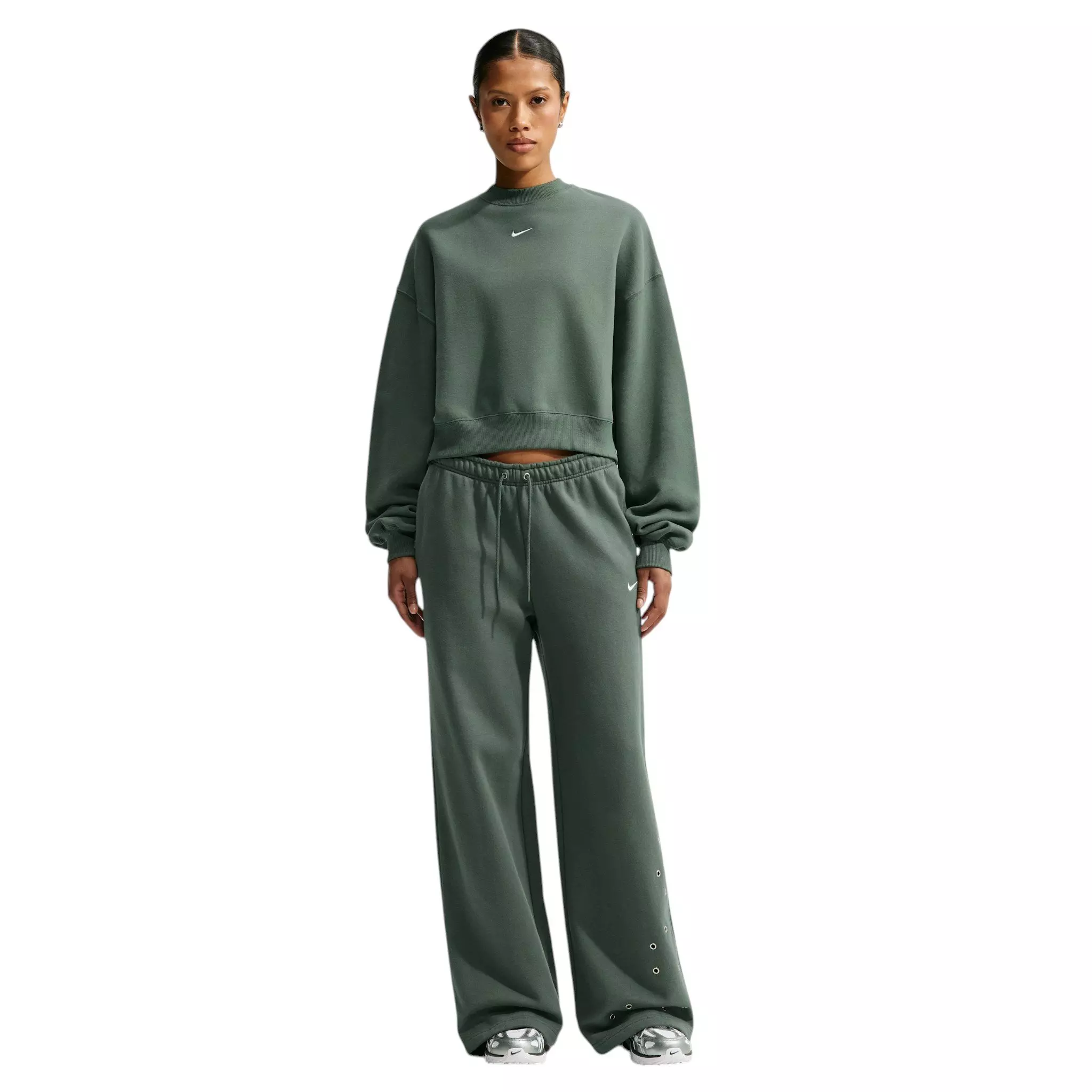 Nike Women's Studio Fleece Lightweight "French Terry" Oversized Cropped Pleated Crewneck - Green - GREEN