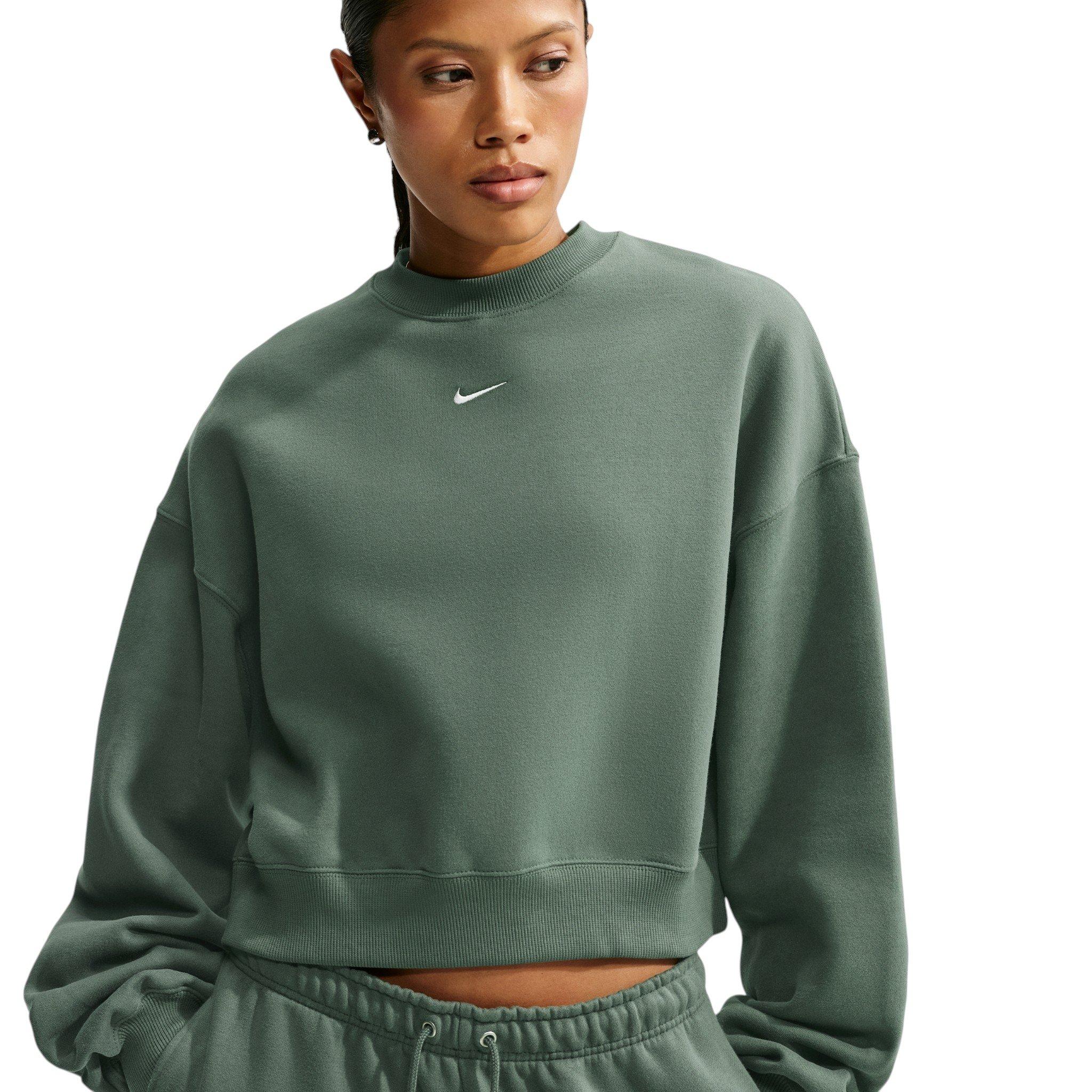 Nike Women's Studio Fleece Lightweight "French Terry" Oversized Cropped Pleated Crewneck - Green - GREEN